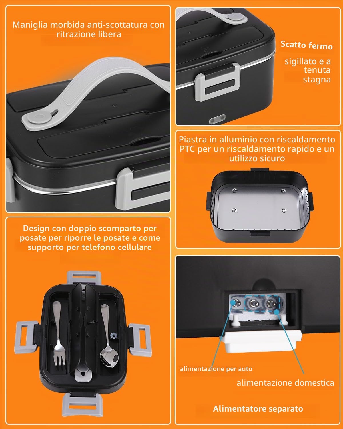 Scaldavivande Elettrico Portatile, 12V 24V 220V Porta Pranzo Riscaldabile, 1,8L Schiscetta Pranzo Riscaldabile, Portavivande Elettrico Portatile per Auto Camion e Ufficio, Nero