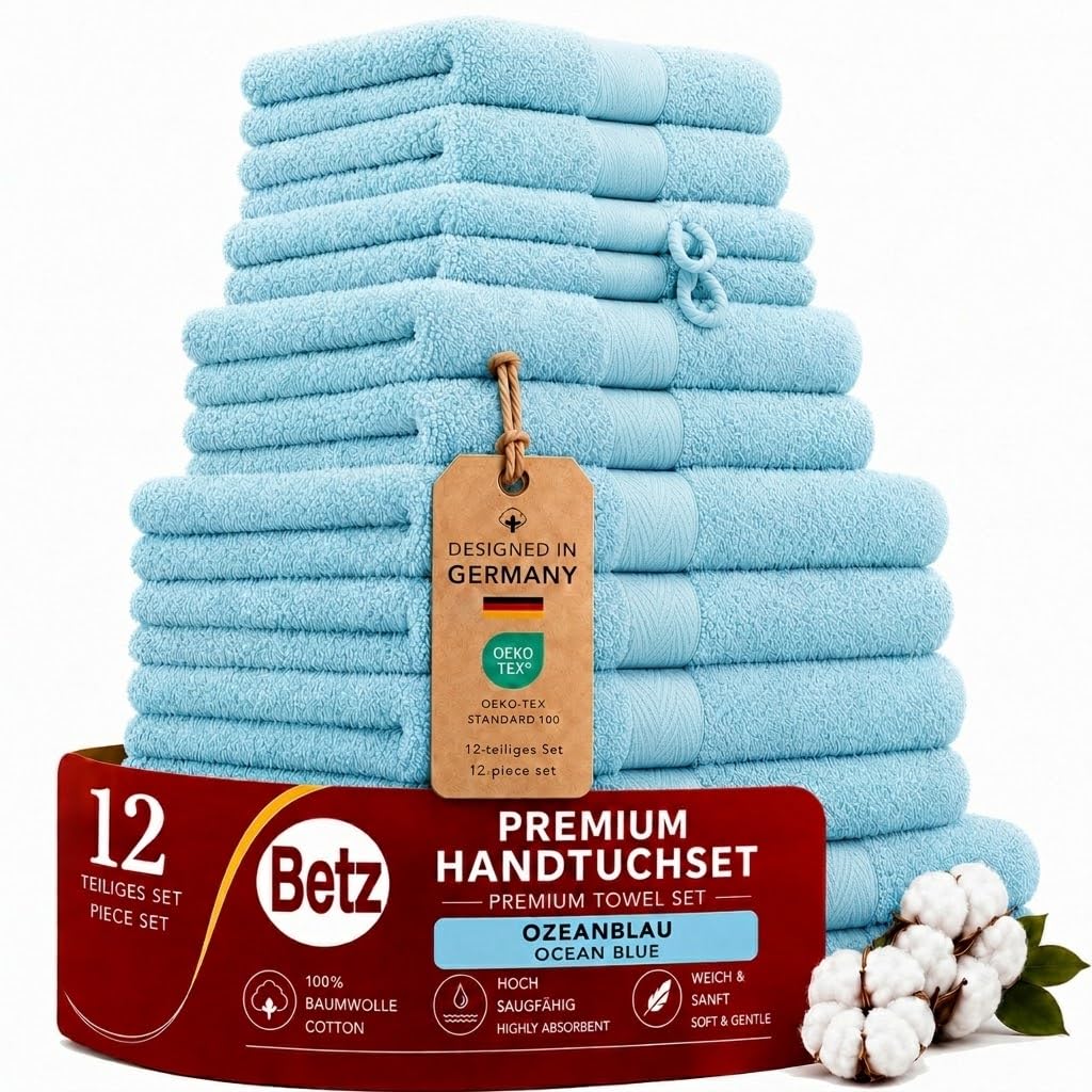 Betz 12-częściowy zestaw ręczników premium 100% bawełna 2 rękawice do mycia 2 ściereczki do mycia 2 ręczniki dla gości, 4 ręczniki do rąk, 2 ręczniki kąpielowe, kolor ocean