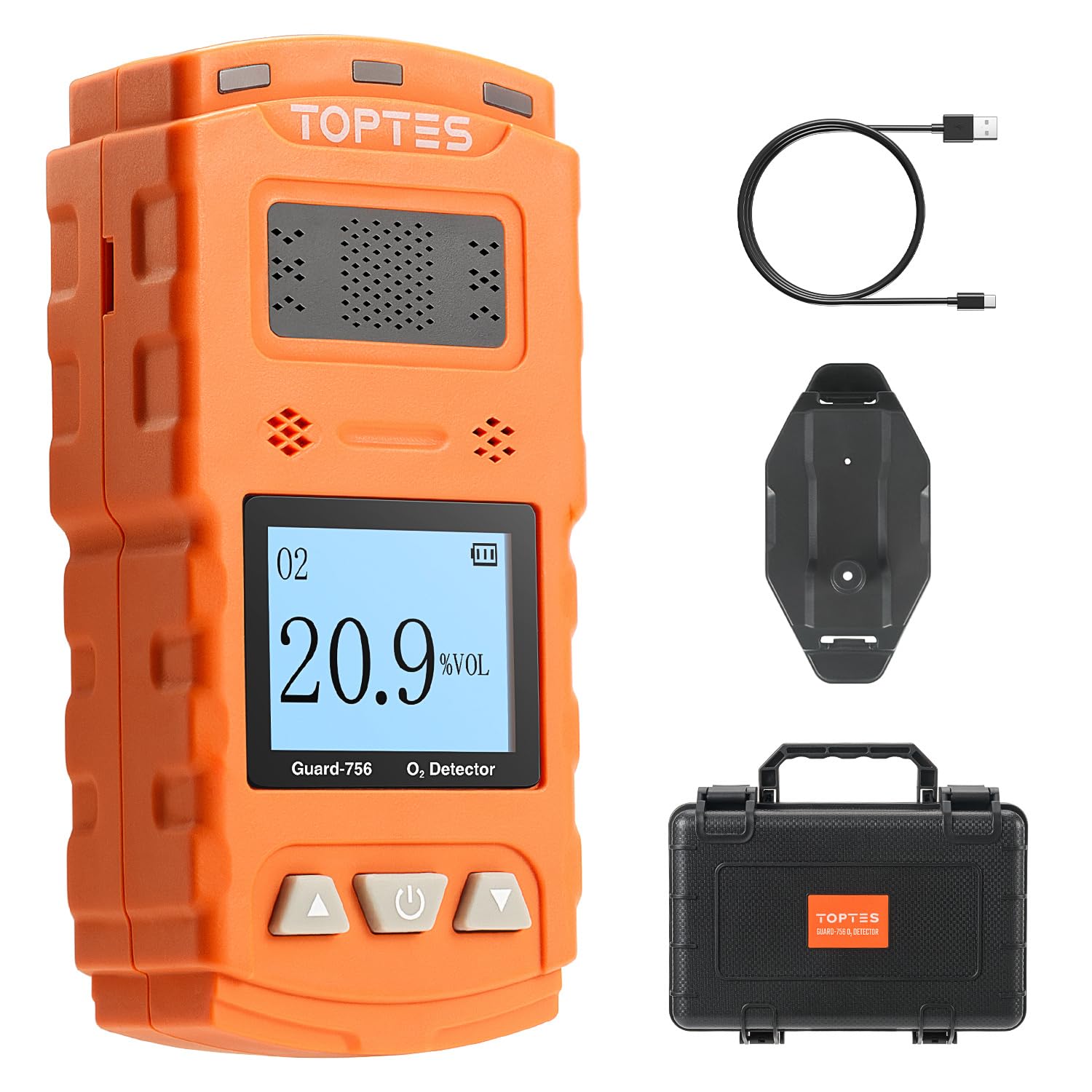 TopTes Guard-756 Moniteur O2 Amélioré, Détecteur D’oxygène, Réponse en 0,5s, Rechargeable, Alarmes par Vibration, Visuelle & Sonore, Résistant À La Poussière et Aux Explosions, pour Travail et Maison