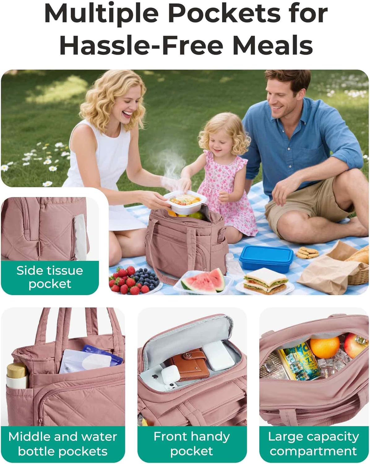 BAGSMART Lunch Bag Women Large Lunch Box Insulated Tote Bag with Multi-Pockets Quilted Puffy Tote for Work, Outdoors - Image 3