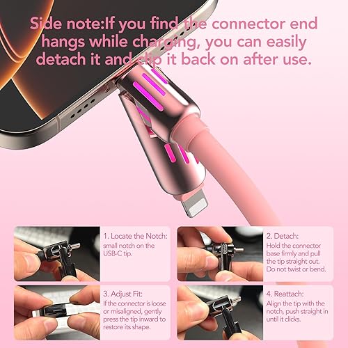 Miniatura 3 de MFish Cable de carga USB universal 4 en 1 con funda de transporte  Cable de carga rápida máximo de 240 W, USB-A, doble USB-C e iluminación, para