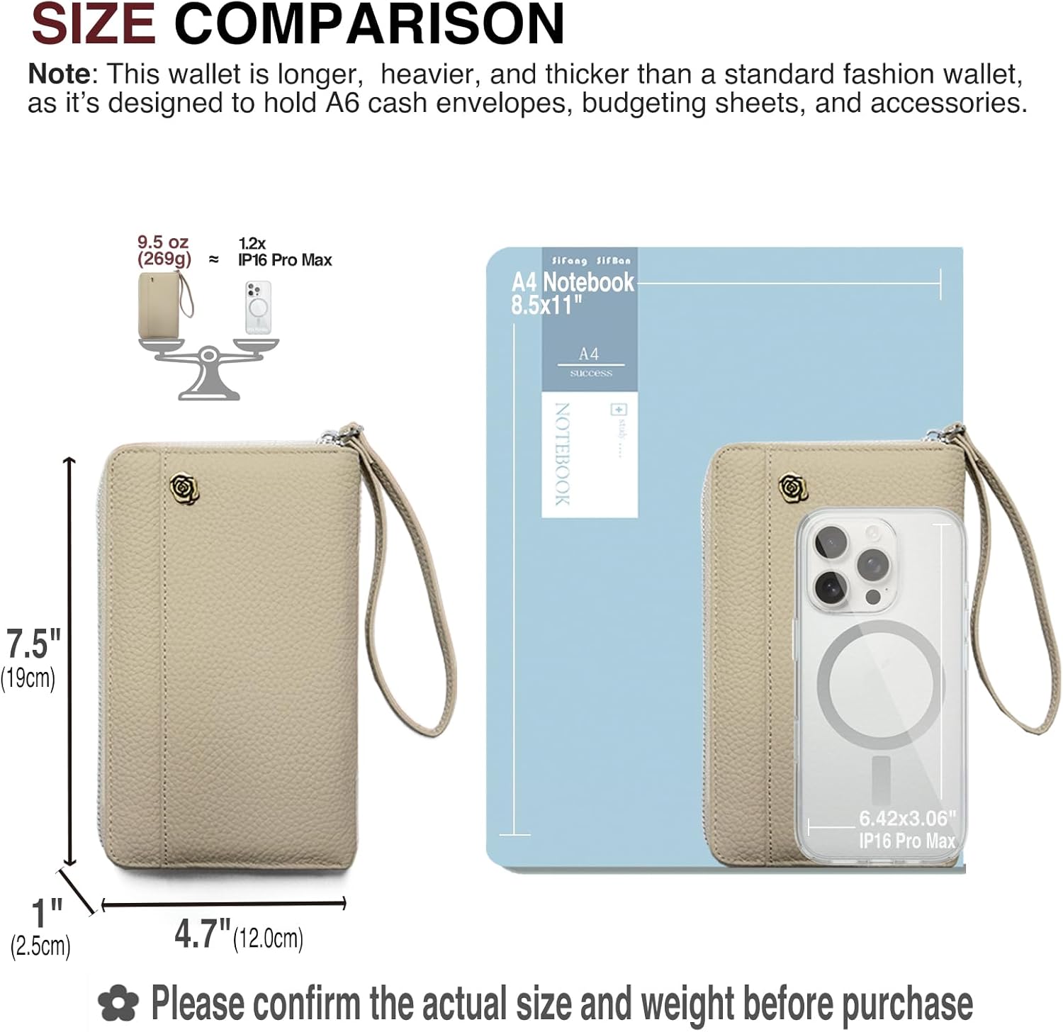 A6 Binder Cash Envelope System Wallet, Money Saving Budget Planner Notebook, 6 Rings Refillable Compact Cash Stuffing Binder, RFID Zipper Planner with Genuine Leather Cover (Gray)