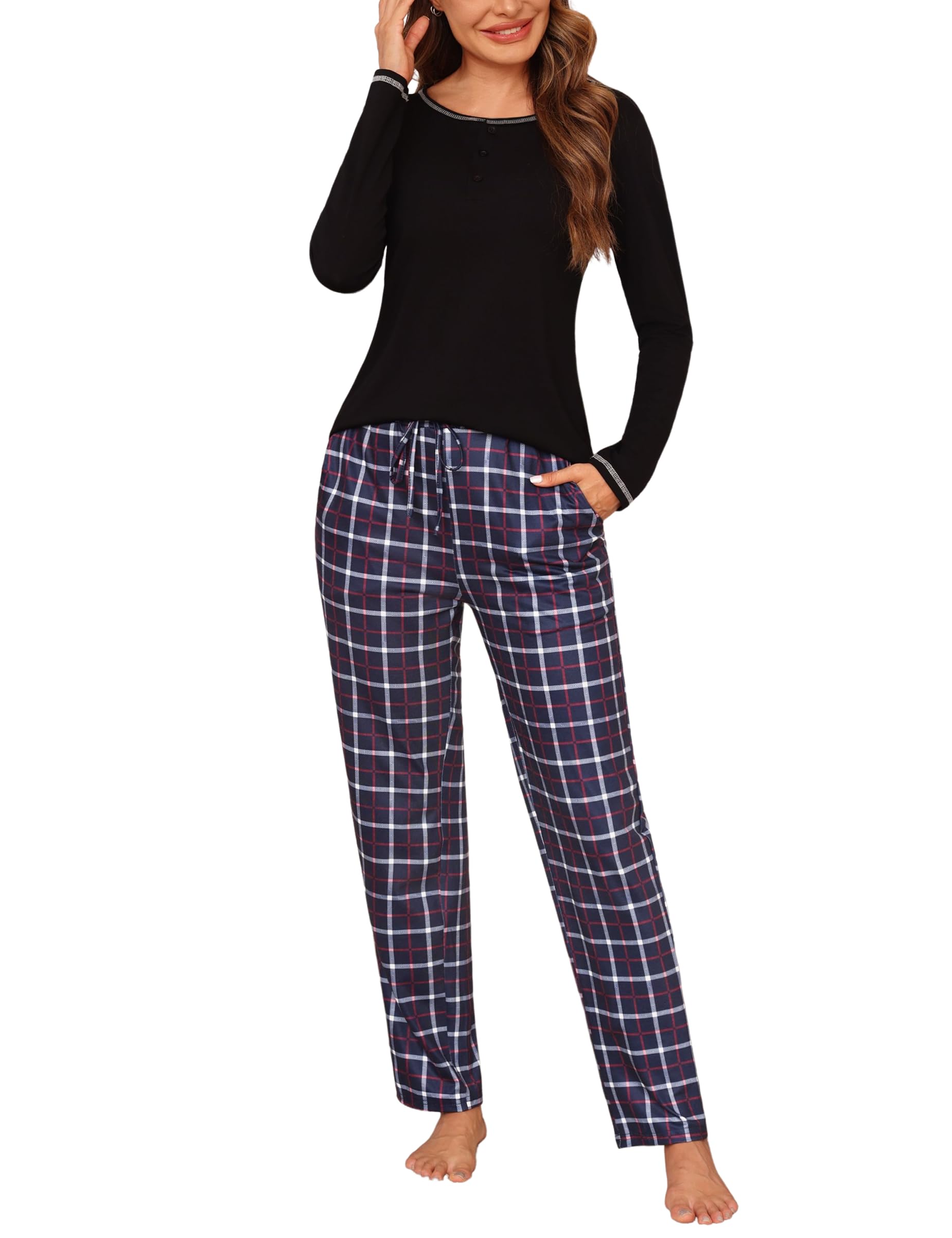 Litherday Pigiama Donna Invernale Cotone Pigiami da Donna Lungo Pigiami Due Pezzi da Donna Pigiama a Manica Lunga Pantaloni Lunghi con Tasche Morbido e Confortevole S-XXL