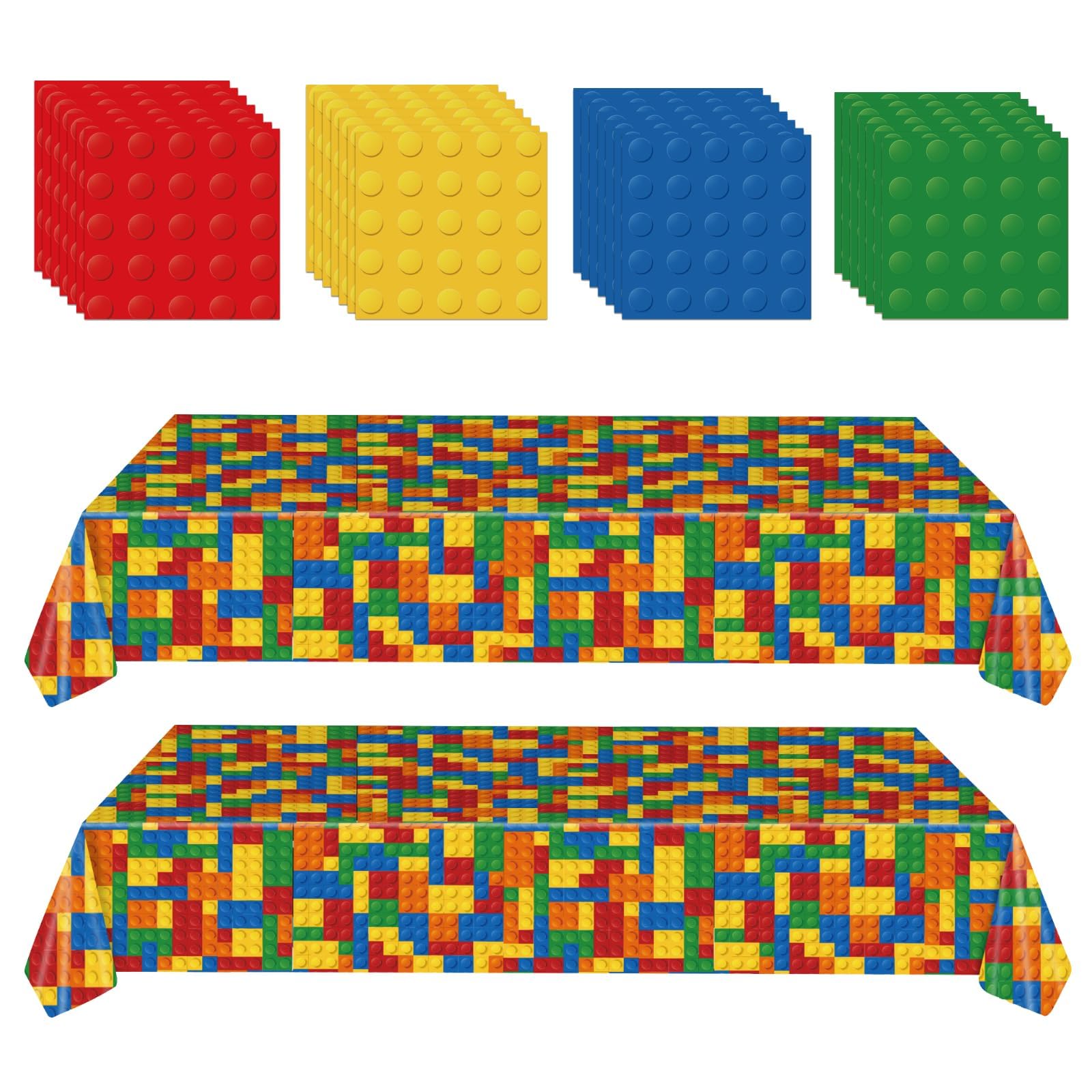 GHKJOK Building Block Pattern Plastic Table Cover Set - Reusable Tablecloths & 20 Matching Placemats for Kids Birthday, Themed Events, Playroom & Parties, Creative Colourful Decoration