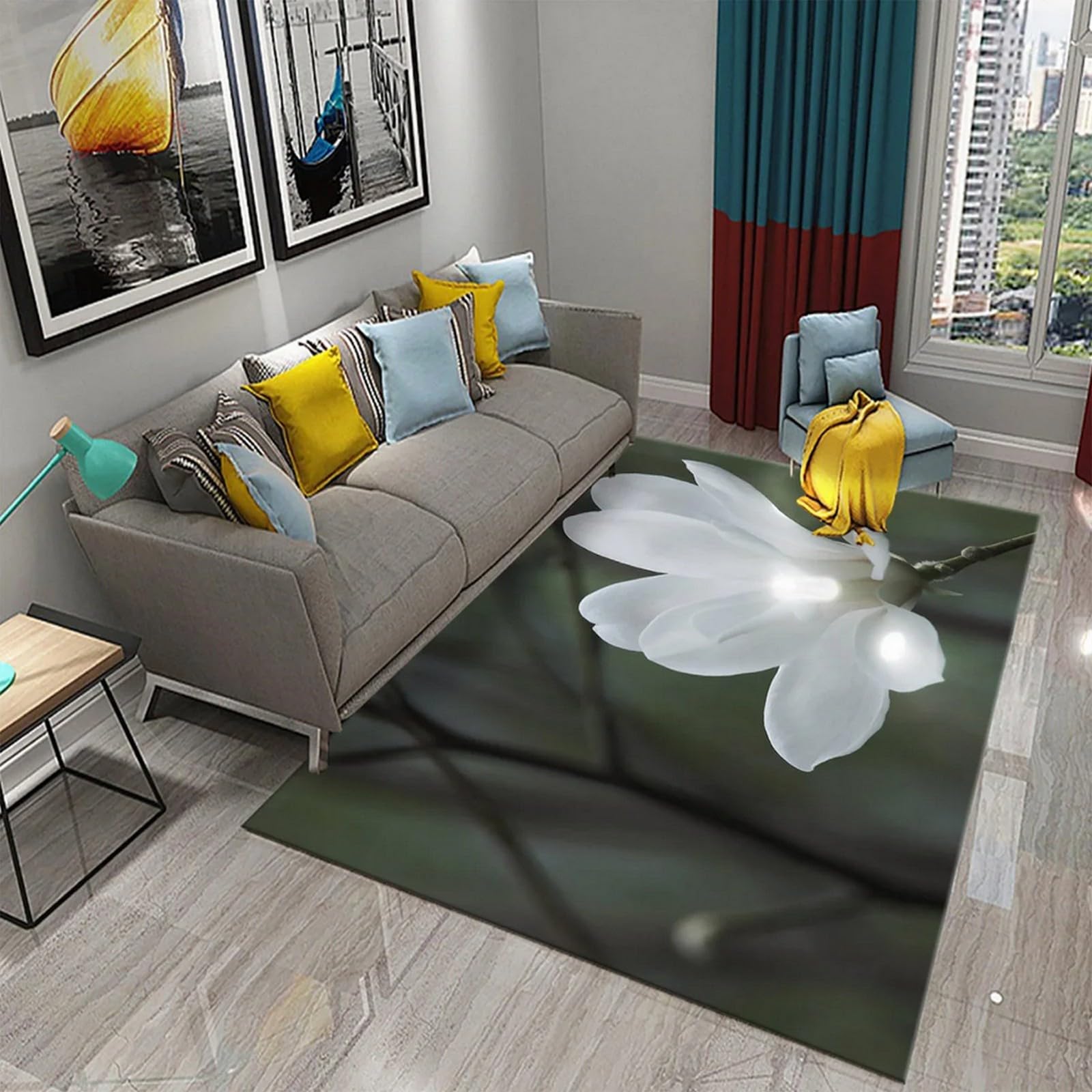 Tapis de salon 3D rose fleur 200x300 cm grand tapis de sol moderne et antidérapant