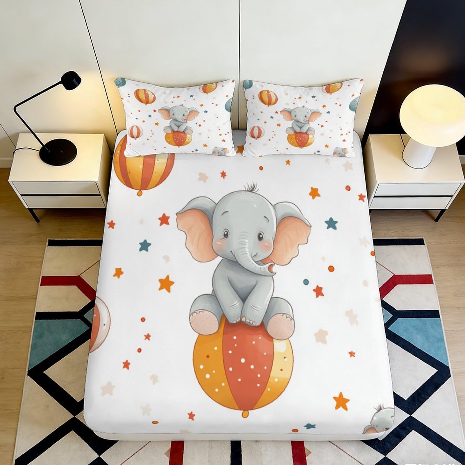 3D Printed Cute Elephant Fitted Sheet Microfiber Soft Cartoon Balloon Bed Cover for Bedroom Dorm Guest Room Decor 90x200x25cm