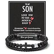 VNOX Christian Cross Bracelet Gifts for Men - Love/Strength Natural Gemstone Lava Bead Leather Cross Mens Bracelets Easter Christmas Birthday Valentines Day Religious Jewelry Gift Ideas，Adjustable