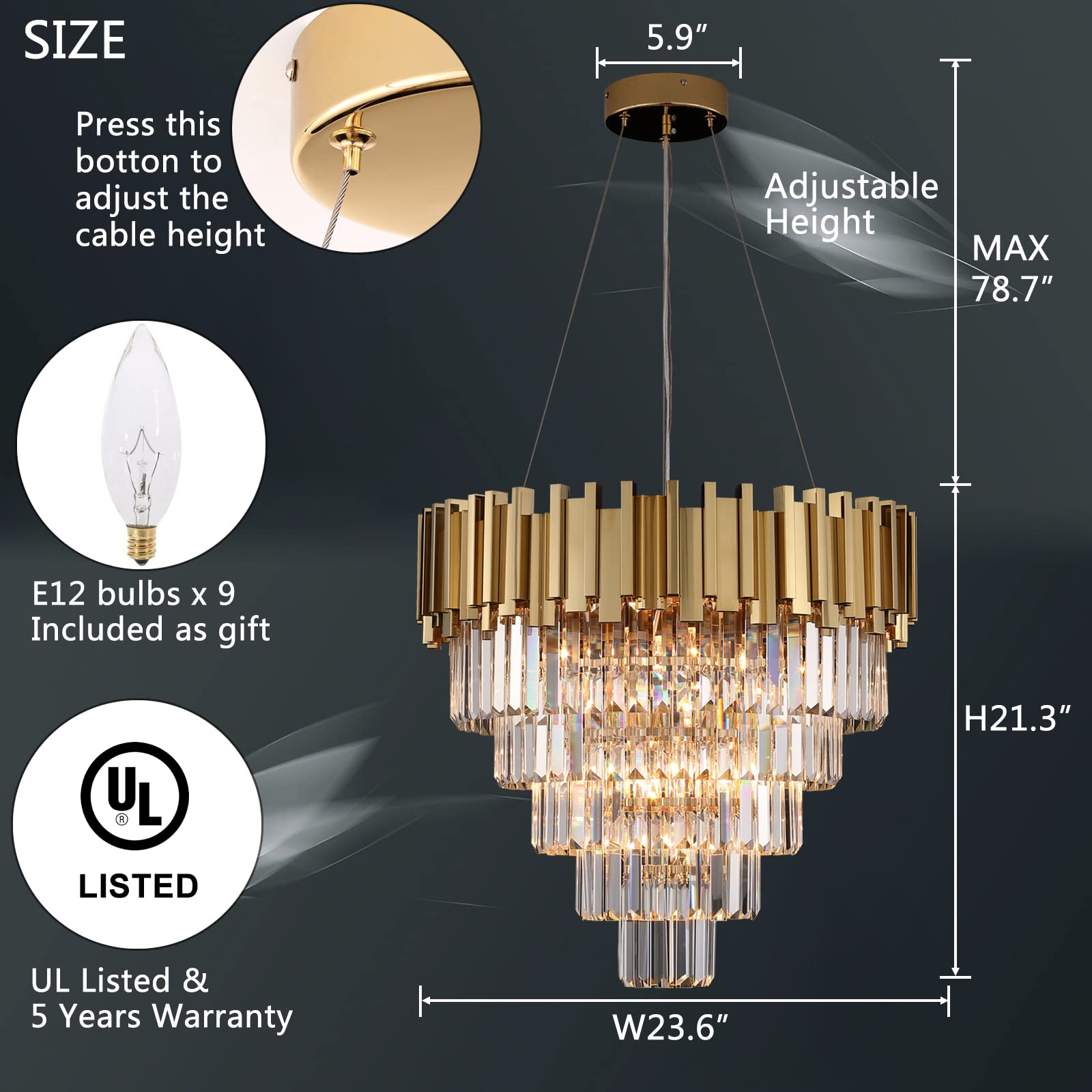 OSAIRUOS Modern Crystal Chandelier Gold Round Chandeliers Light Fixture
