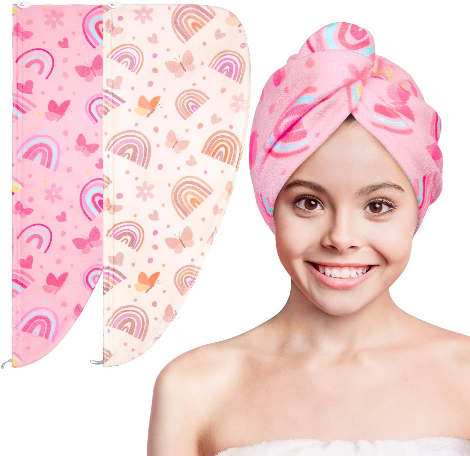 Basumee Microfiber Hair Towel Wrap for Kids 2 Pack Rapid Drying Hair Towel with Button Hair Turbans for Wet Hair Wraps Head Towel Wrap for Women and Girls