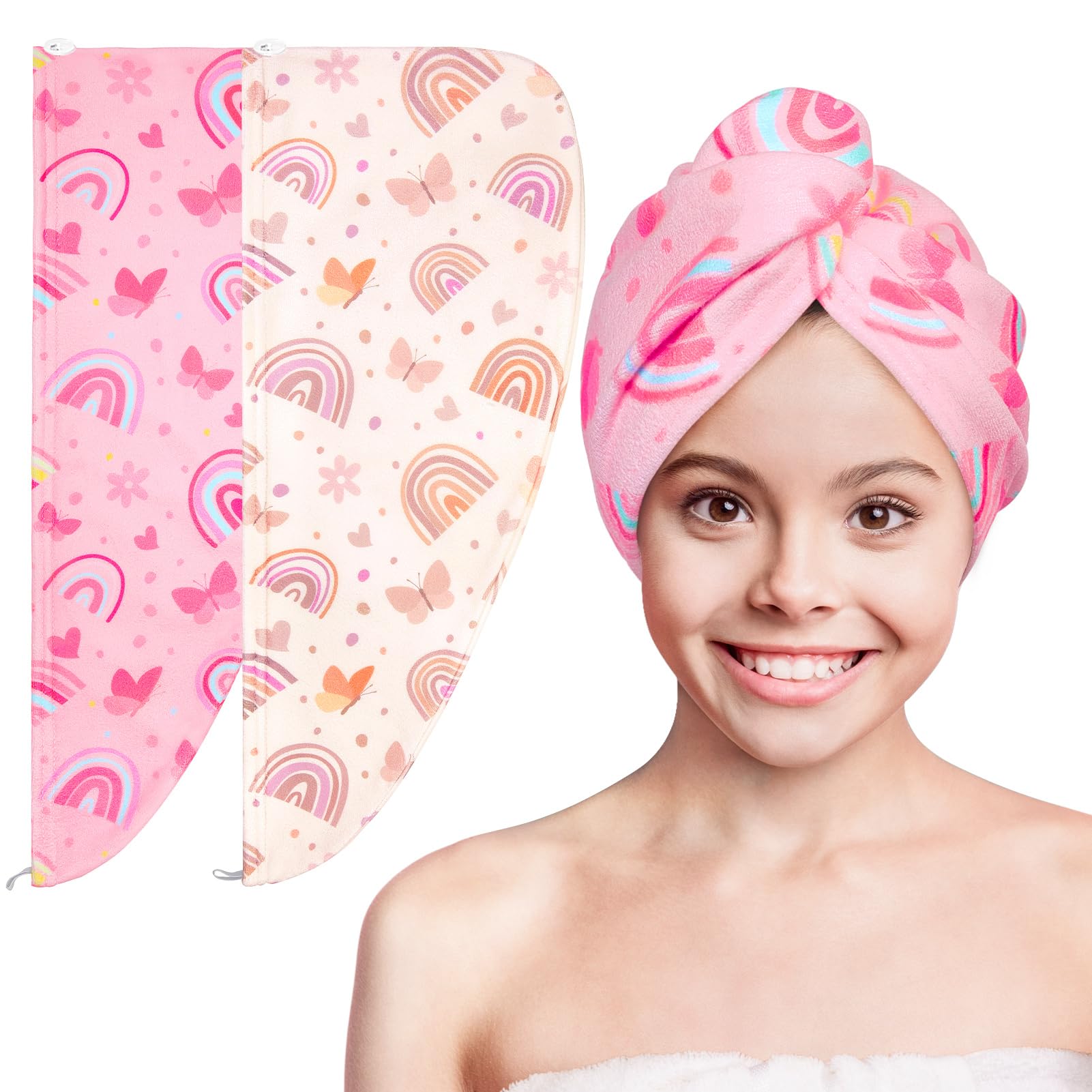 Basumee Microfiber Hair Towel Wrap for Kids 2 Pack Rapid Drying Hair Towel with Button Hair Turbans for Wet Hair Wraps Head Towel Wrap for Women and Girls