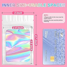 100 Pack Holographic Bags, Smell Proof Packaging Bags, Clear Window Resealable Odor Foil Pouch Mylar Bag for Food Storage and Lipgloss, Jewelry Lash (White, 3 x 4.7 Inch)