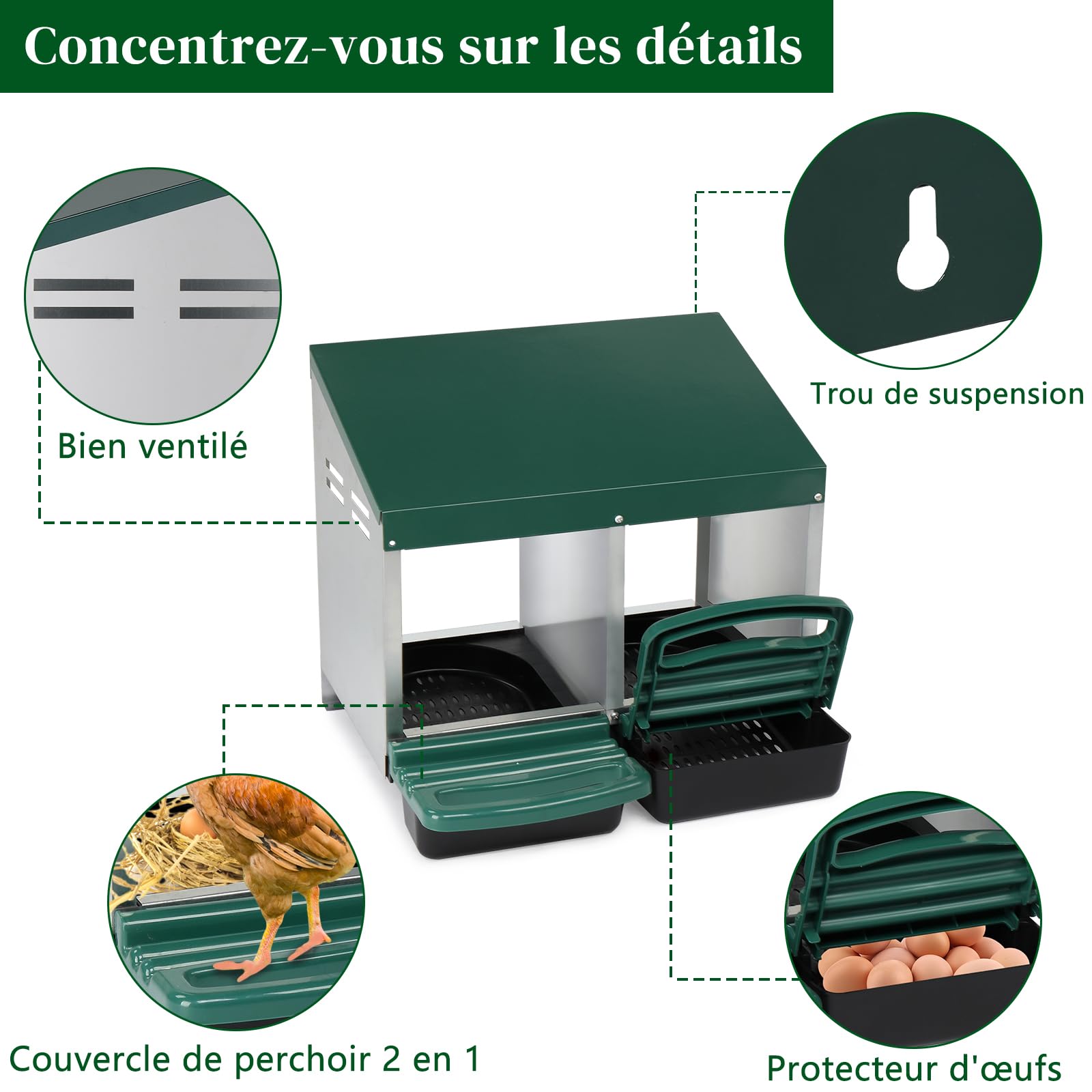 LEADZM Pondoir Poules pondeuses 2 emplacements - Poulailler en métal Bac de récupération Ponte, Installation Facile et Collecte des œufs, 54 x 52 x 47 cm, Vert