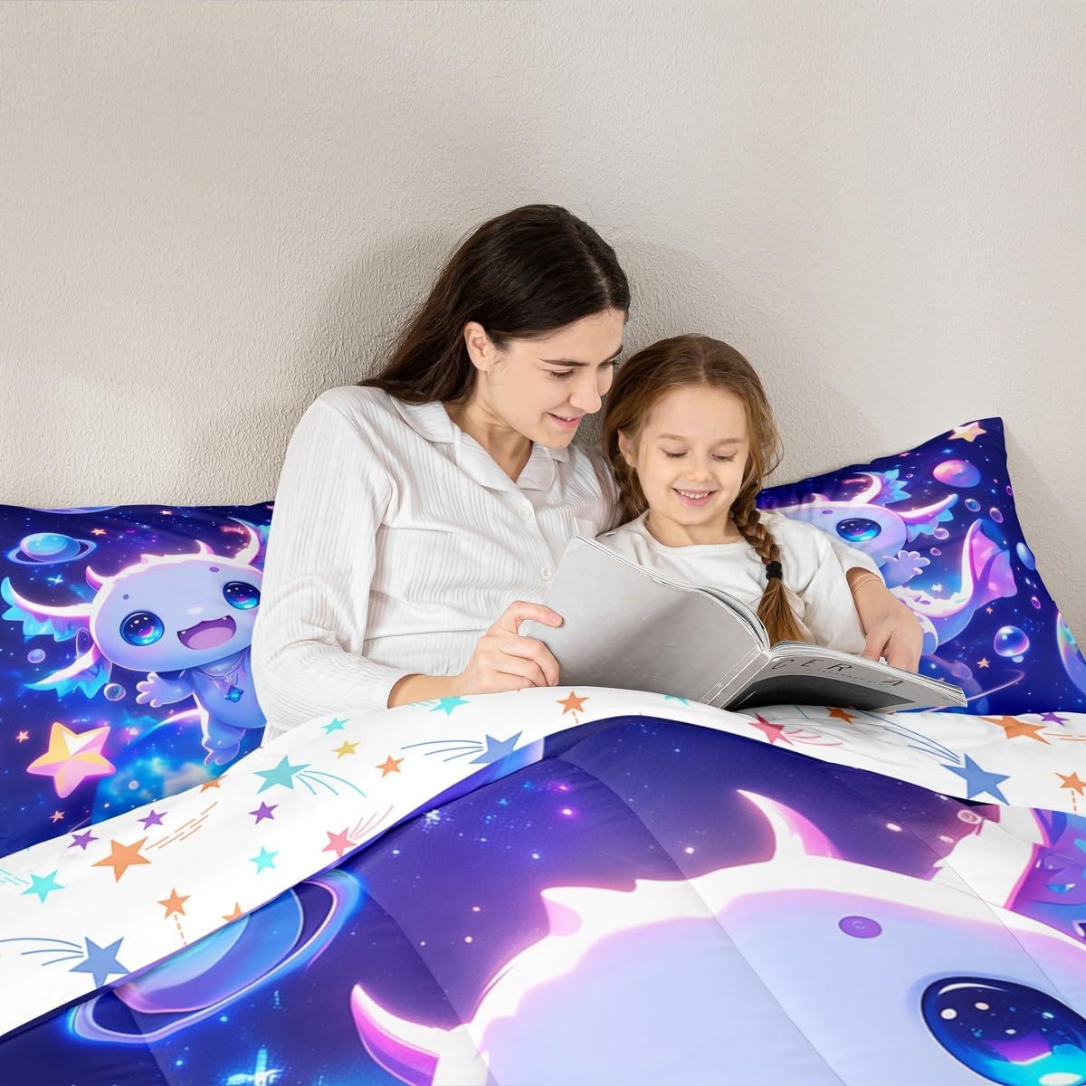Cute Axolotl Duvet Quilt Kids Cartoon Salamander Bedding Set Full Size Kawaii Ocean Sealife Comforter Set for Women Men Room Decor Breathable Soft Microfiber Outer Space Galaxy with 2 Pillow Case