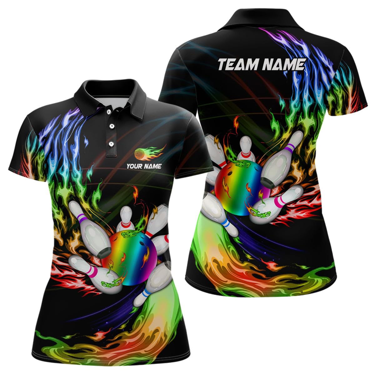 Herren & Damen Polo & Quater Zip Bowling Shirt mit Regenbogenflamme, Bowlingkugel und Pins, Custom Team-Liga-Trikot N6807