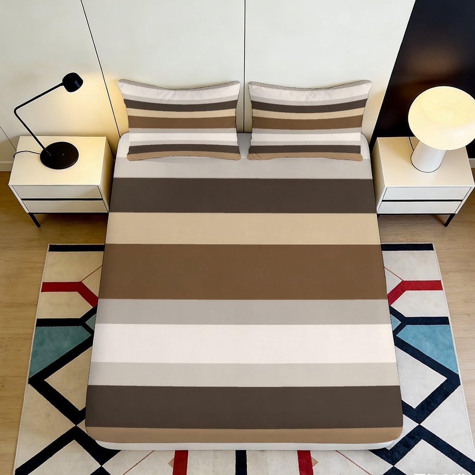 Uxinyoume Style-3 3D Printed Earth Tone Stripe Fitted Sheet Microfiber Soft Breathable Modern Geometric Bed Cover For Bedroom Guest Room Protection 90X200x25cm