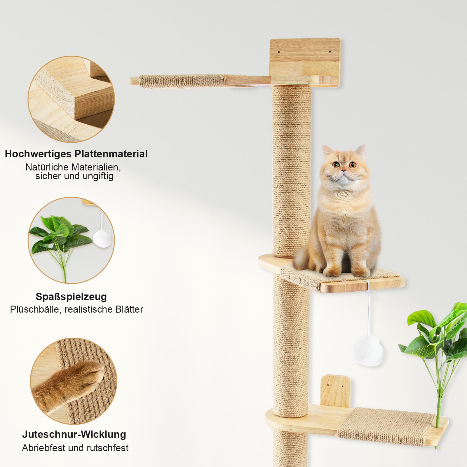 Youyijia Katzenkratzbaum 206cm aus Naturkautschukholz, 5 Etagen Wandmontierter Katzenbaum mit Verbreiterter Basis, Plüschbällen, 360° Drehbar, XXL Kletterbaum für Katzen zum Klettern, Kratzen