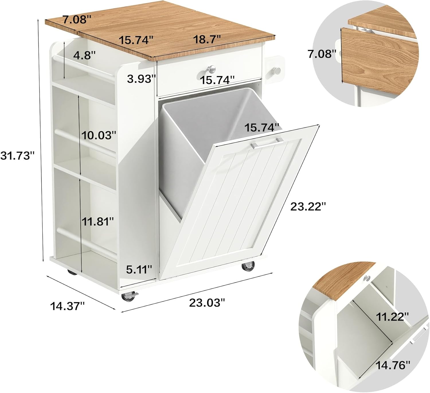 Kitchen Island with Trash Can Storage & Drop Leaf, Portable Kitchen Island on Wheels, Rolling Island Table for Kithchen