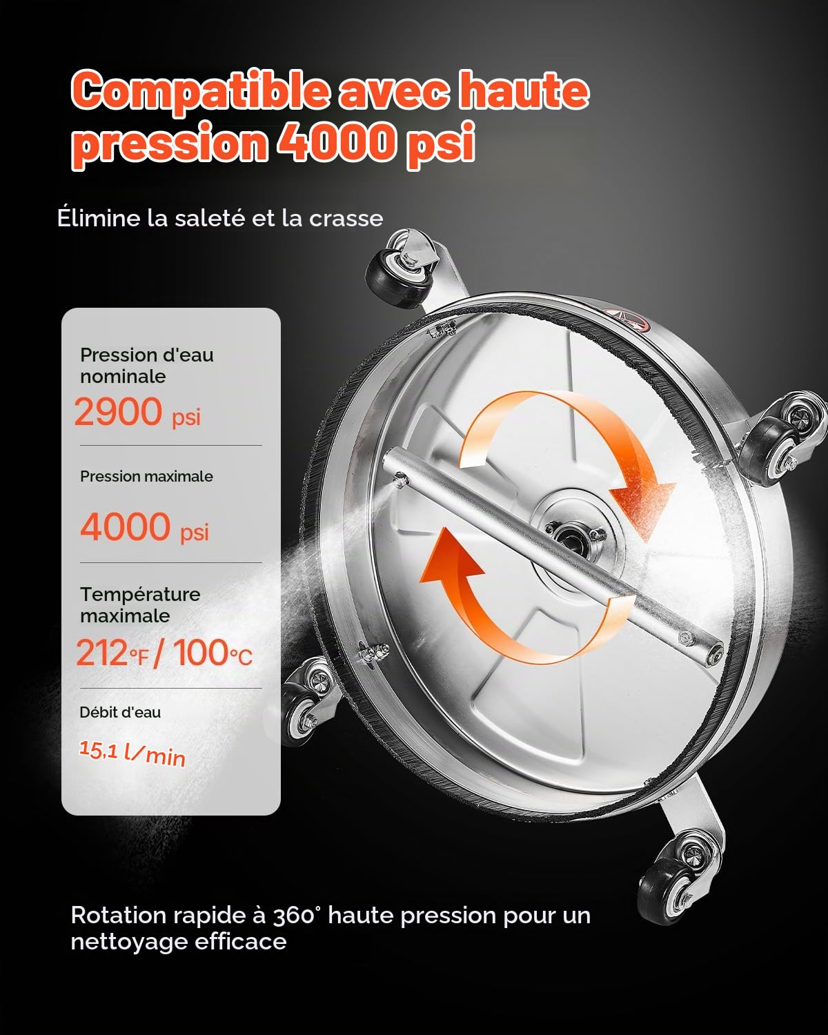 VEVOR Nettoyeur de Surface pour Nettoyeur Haute Pression 395 mm, Accessoire Nettoyeur Sol en Acier INOX sur Roues, 275 Bar Max. connecteur 0,635 cm 2 Buses pulvérisation 2 tiges Extension, pour béton