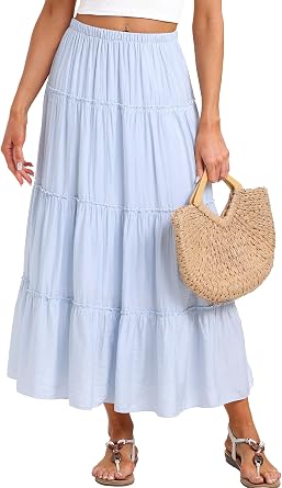 Beaully Long Skirts for Women Boho Elastic Waist Maxi Skirt Flowy Swing Tiered Beach Dress Trendy Vacation Clothes
