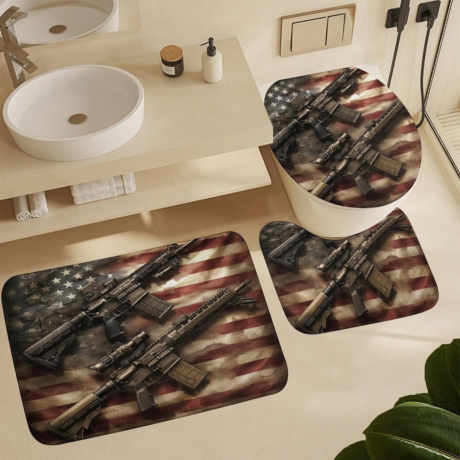4Pcs American Flag Gun Shower Curtain Set with Toilet Lid Cover U-Shaped Mat and Non-Slip Rugs, Retro Rifle USA Patriotic Shower Curtain Bathroom Decor Set, 72" X 72"