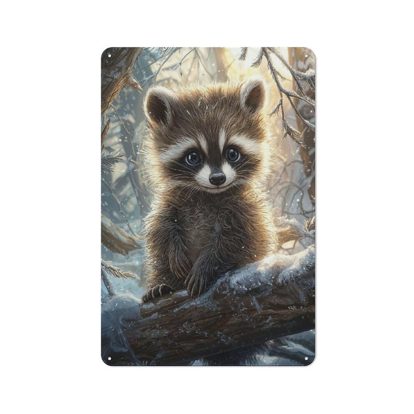 Junmoney Style-23 Metal Wall Art Sign With Cute Raccoon In Winter Design 30X20cm, Vintage Vintage Wall Decor For Living Room, Hallway, Kitchen Or Cafe