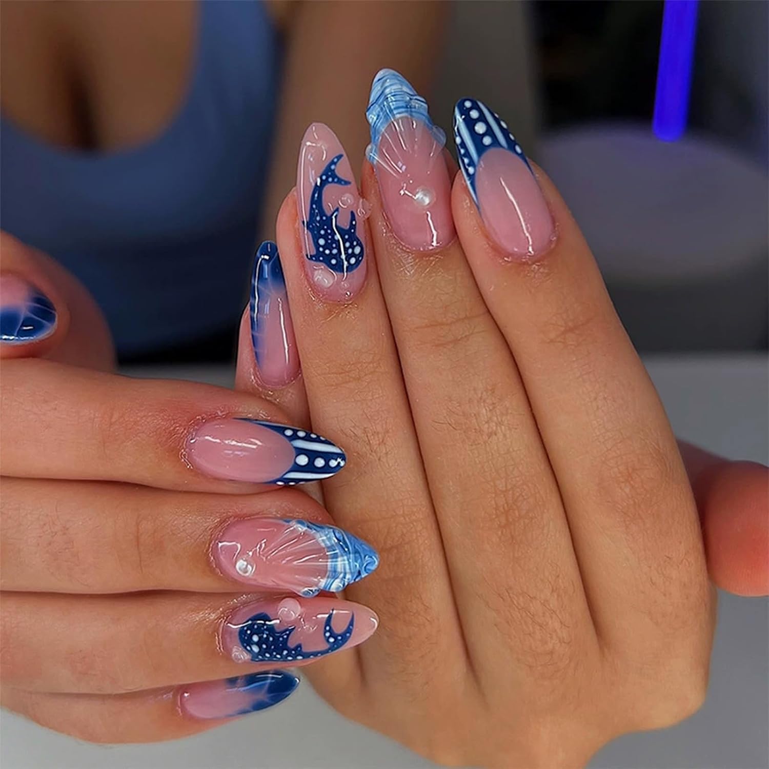 Almond Press On Nails - Summer Medium Blue French Design