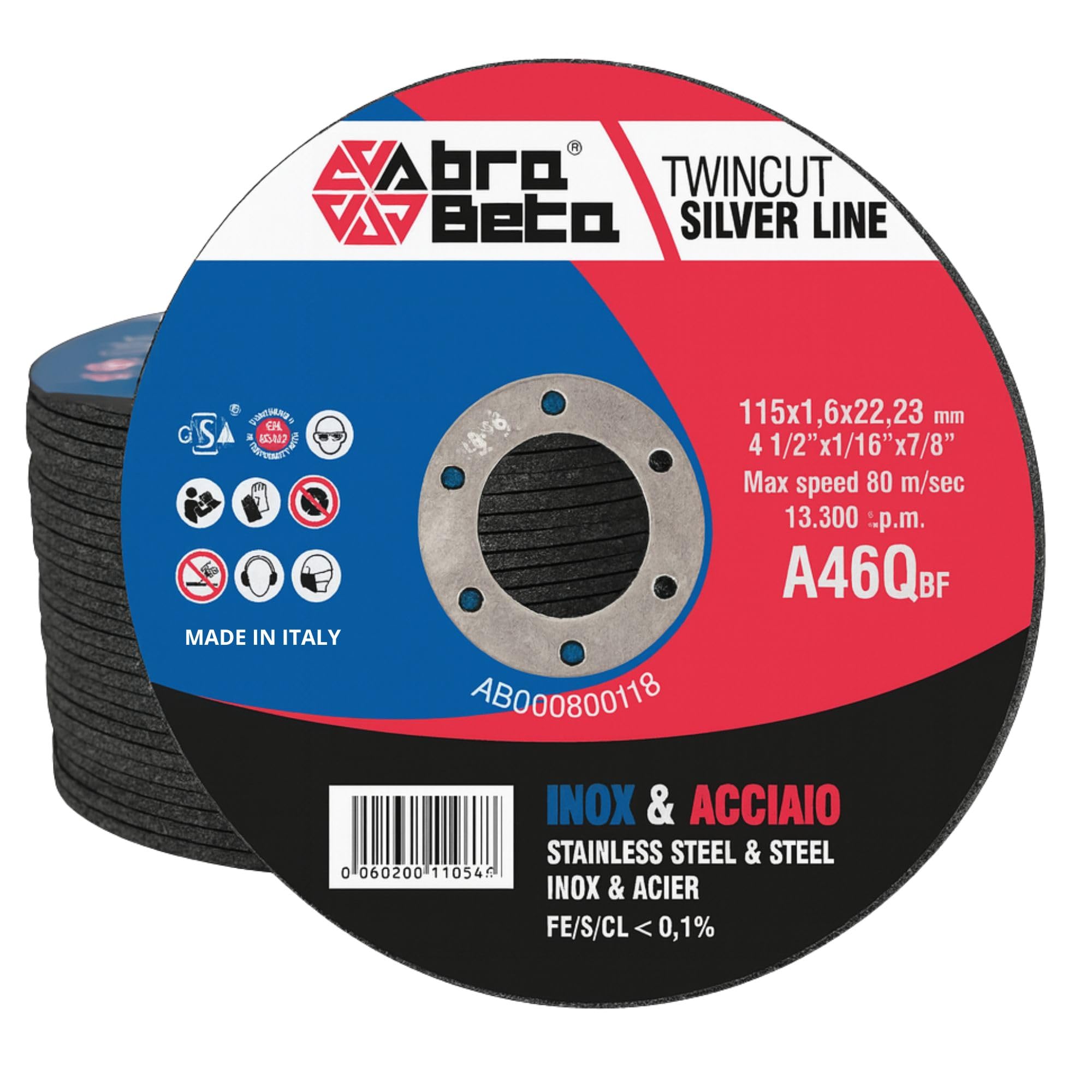 Dischi da Taglio Sottili per Inox e Acciaio, Linea Silver A46Q 115x1,0x22.23, Spessore 1,0 mm, Foro 22,23 mm, Centro Piano, Confezione 50 Pz