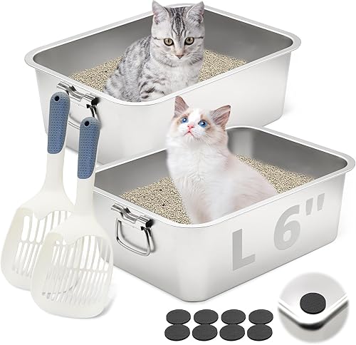 BNOSDM Paquete de 2 cajas de arena de acero inoxidable con asas, (17.7 x 14 x 6 pulgadas), bandeja de arena de metal abierto para gatos con cuchara,