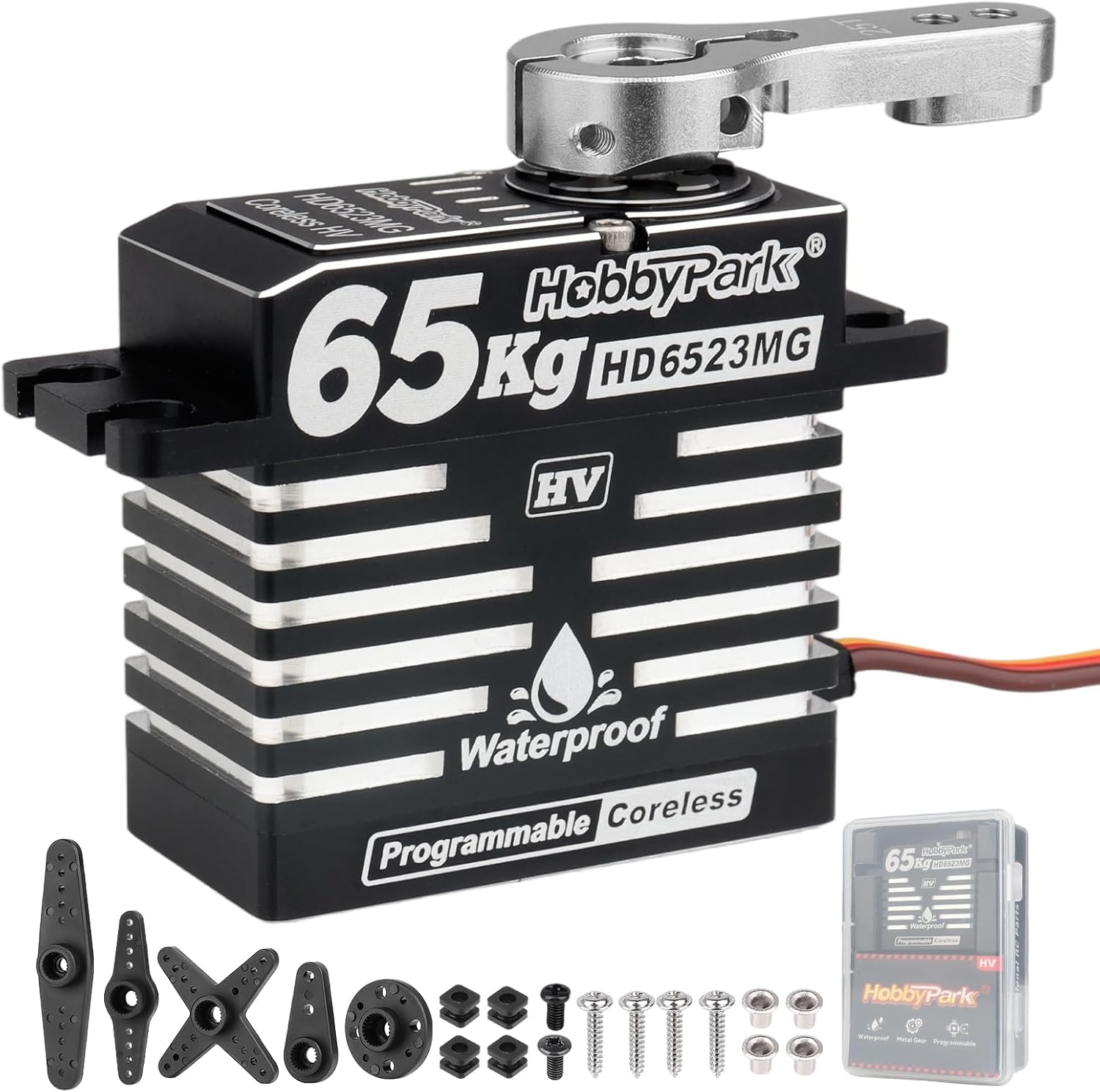 HobbyPark Waterproof 65kg High Torque Fast Speed RC Steering Servo Coreless Motor Standard Size HV 8.4V Metal Gears for 1/8 1/10 RC Crawler Car Truck Buggy Basher Bashing 180° All Aluminum Case
