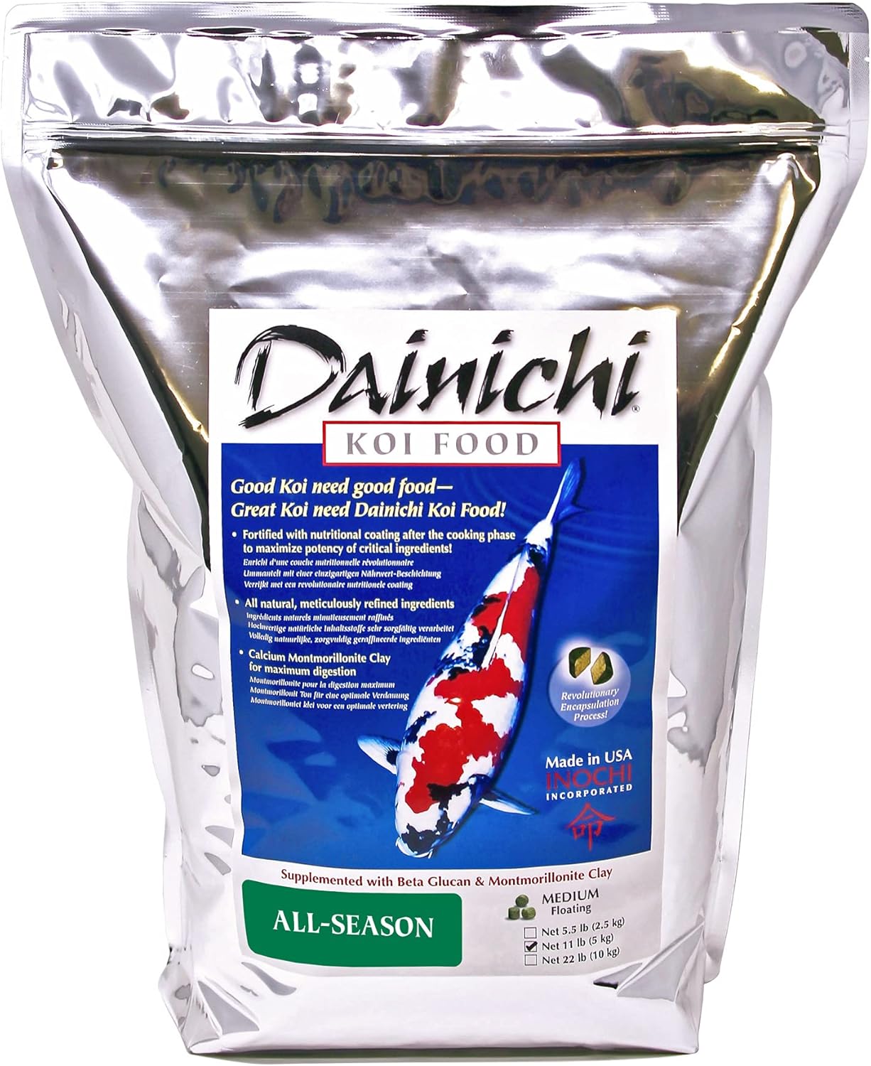 Dainichi Koi Fish Food, All-Season 11 lb Bag – Medium Floating Pellets (5.5 mm) for Koi, Goldfish and Pond Fish – Cold-Weather and Winter Formula – Easily Digestible Wheat Germ Formula