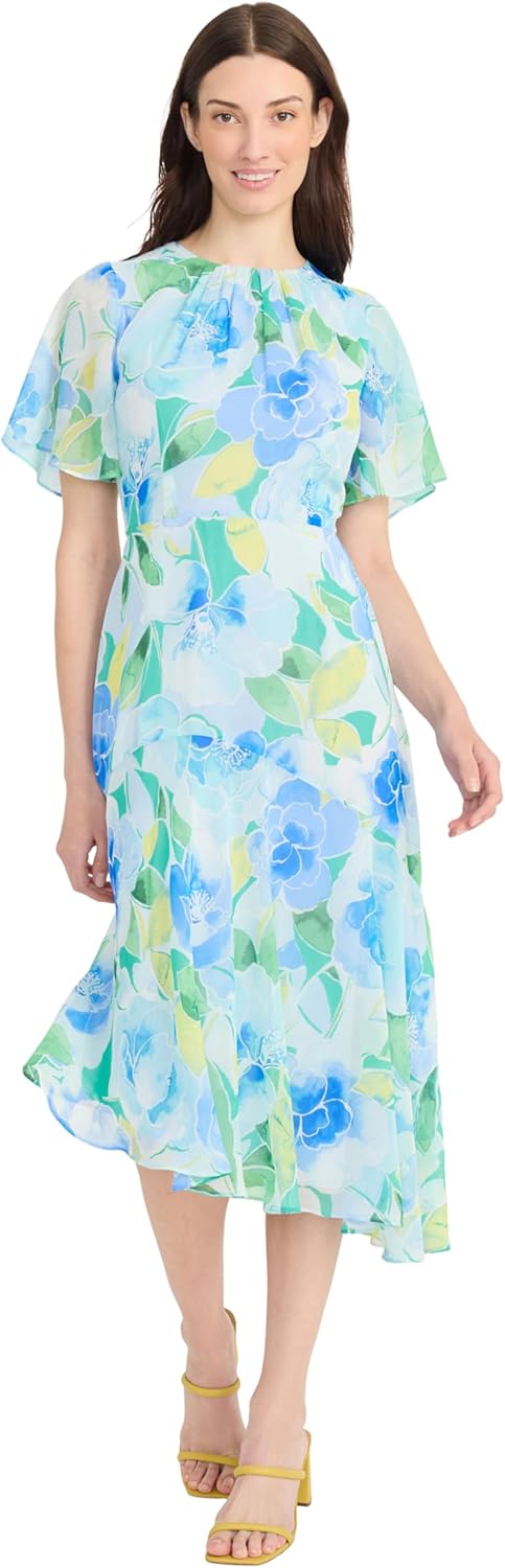 Maggy London Women's Maggy London Women's Dresses Short Flutter Sleeve Fit and Flare Dress with Asymmetric Hem Tier