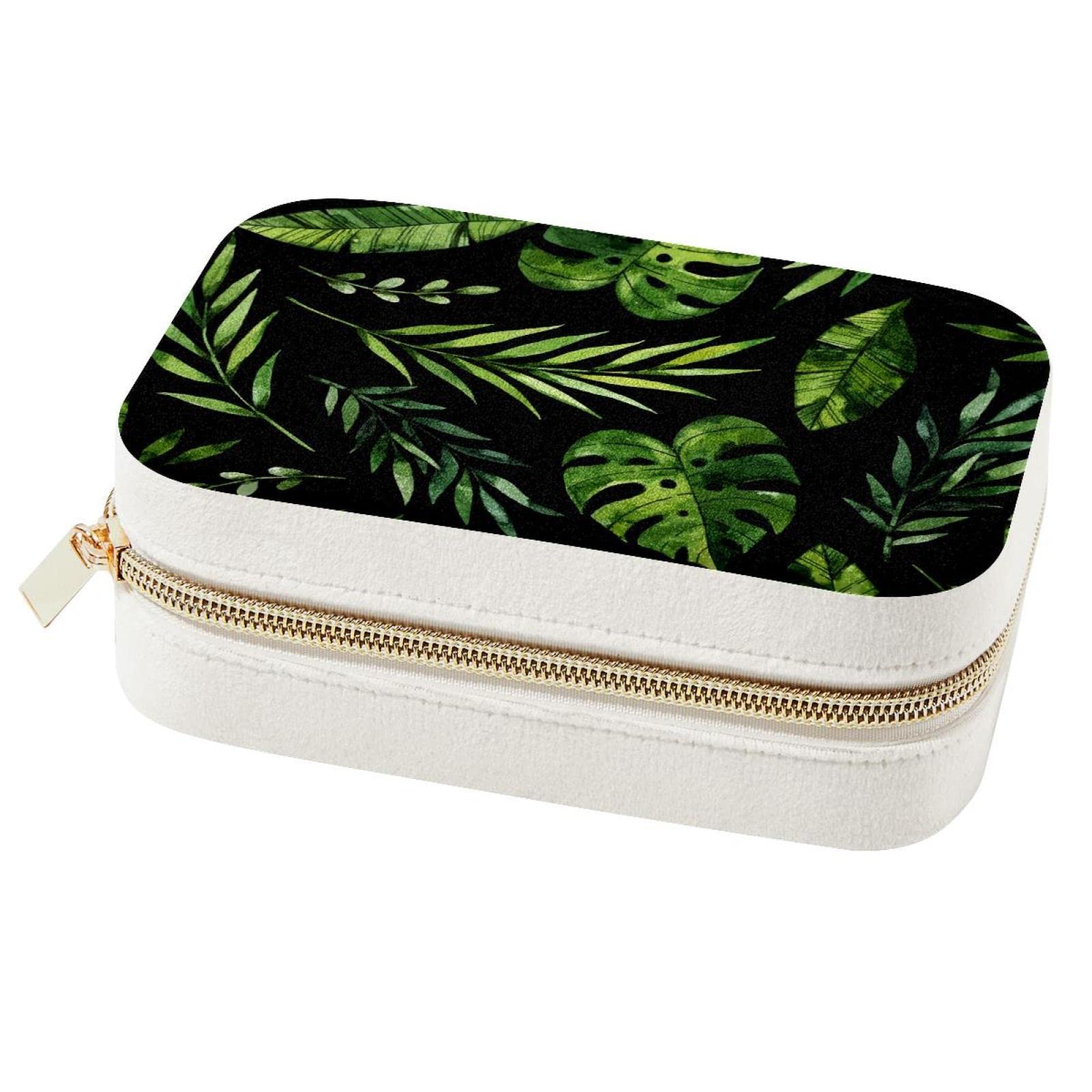 Boîte à bijoux de voyage feuille tropicale noire verte pour colliers et bagues