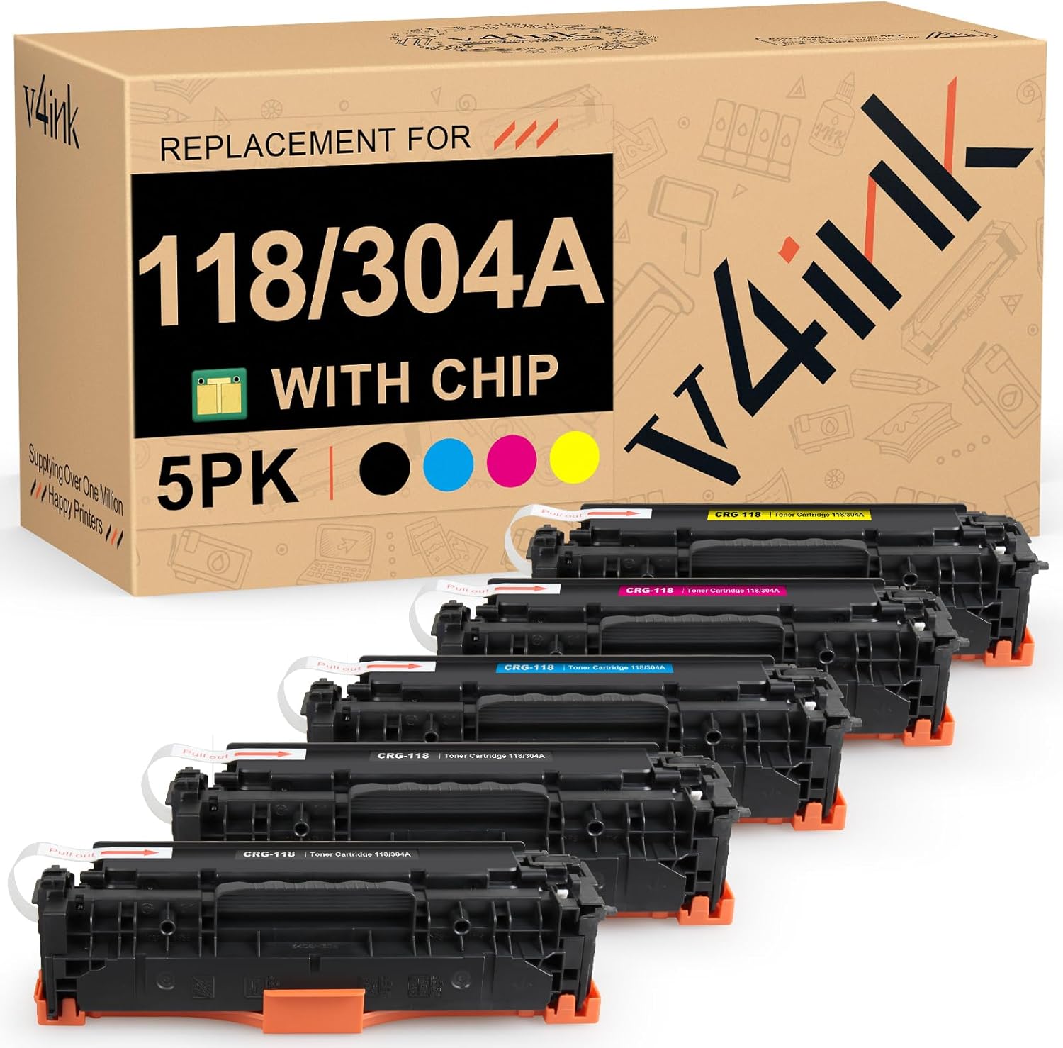 v4ink 5PK Remanufactured Toner Cartridge Replacement for Canon 118 HP 304A CC530A Toner for Canon ImageClass MF726Cdw MF8350CDN MF8580Cdw MF8380Cdw LBP7660Cdn Printer 2 Black 1 Cyan 1 Magenta 1 Yellow