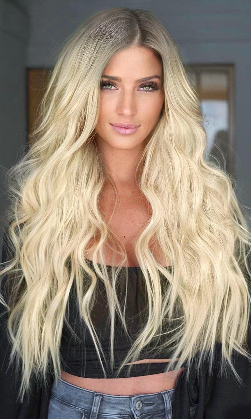 PORSMEER Long Ombre Blonde Wigs for Women Natural Looking Wavy Curly Synthetic Hair Wig with Brown Roots Middle Parting 26inch Ladies Realistic Wigs
