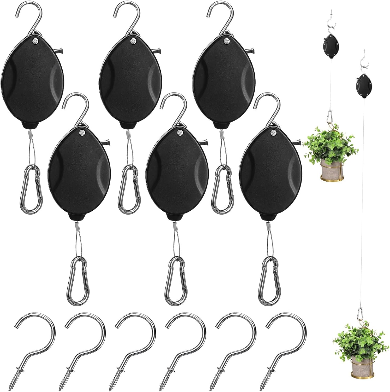 Flutesan 6 Pack Upgraded Retractable Plant Hanger with Metal Ceiling Hooks