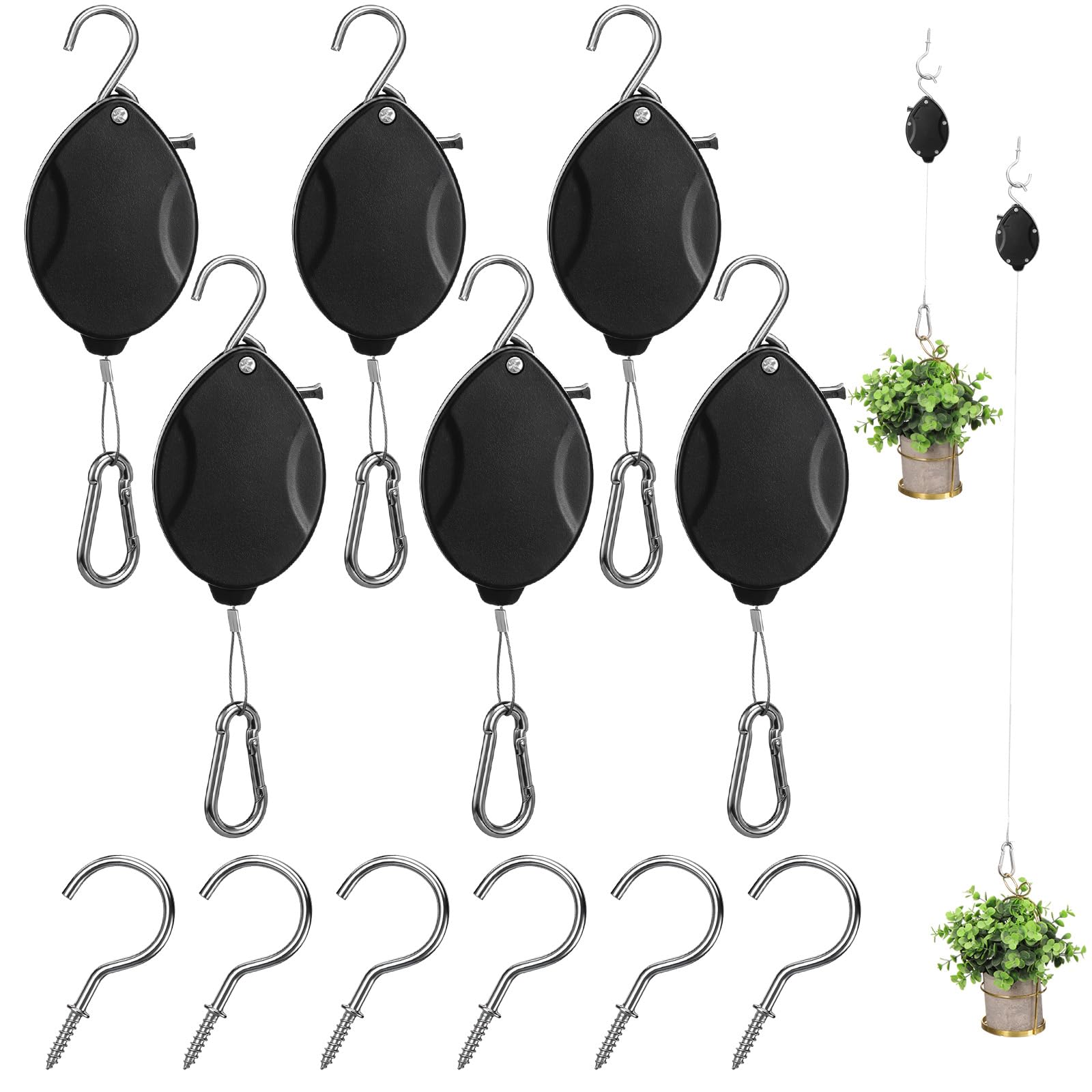 Flutesan Lot de 6 cintres rétractables avec 6 crochets de plafond en métal, poulies pour plantes suspendues, verrouillage automatique, crochets réglables pour panier de jardin, mangeoire à oiseaux et