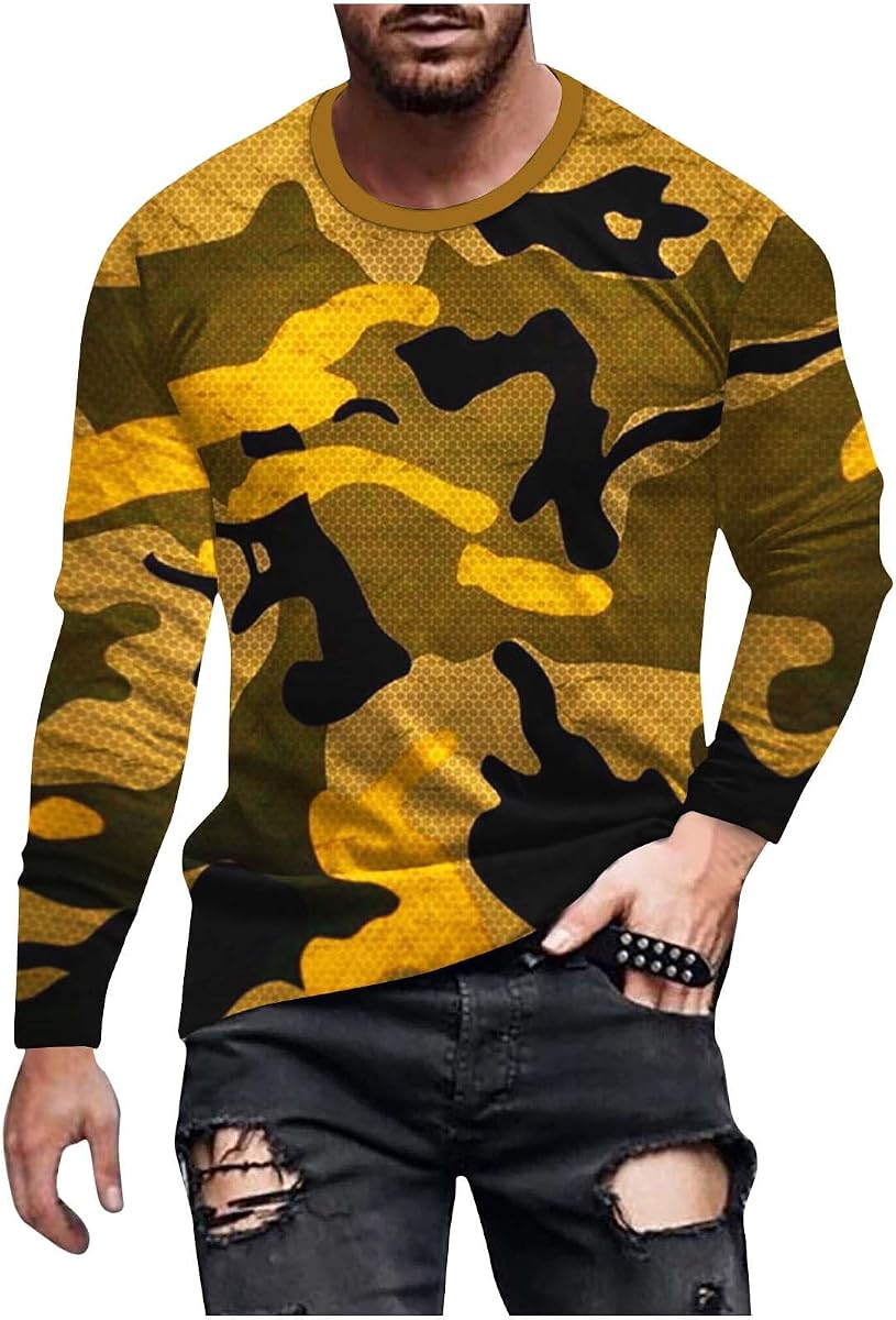 T Shirts for Men Cotton Graphic Print Pullover Shirts Casual Stylish Long Sleeve Crewneck Shirt Gym Workout Tees