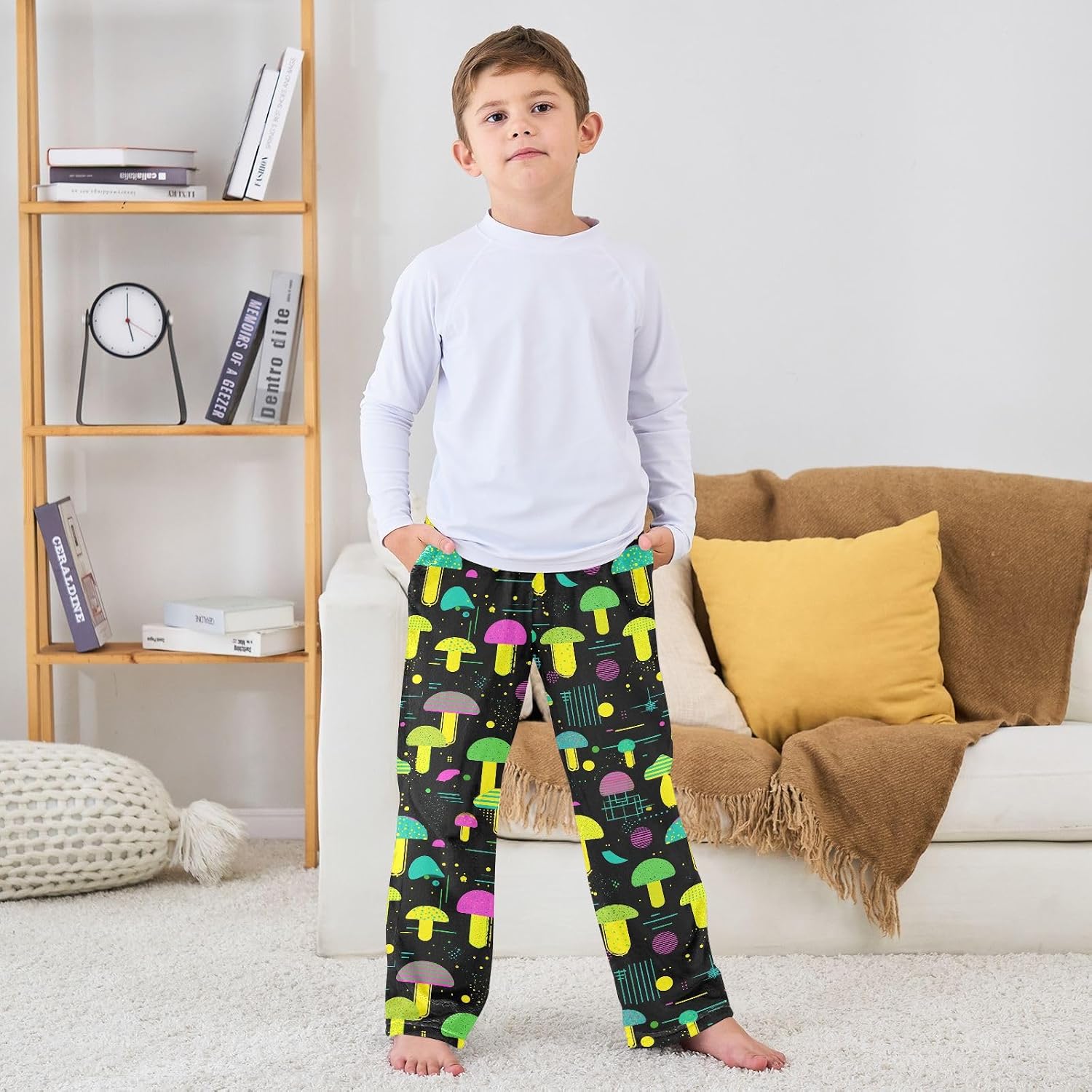 visesunny Retro Colorful Mushrooms Boys Pants for Kids Fleece Bottoms Long Jogger Pants Trousers with Pockets Size 6-14Y