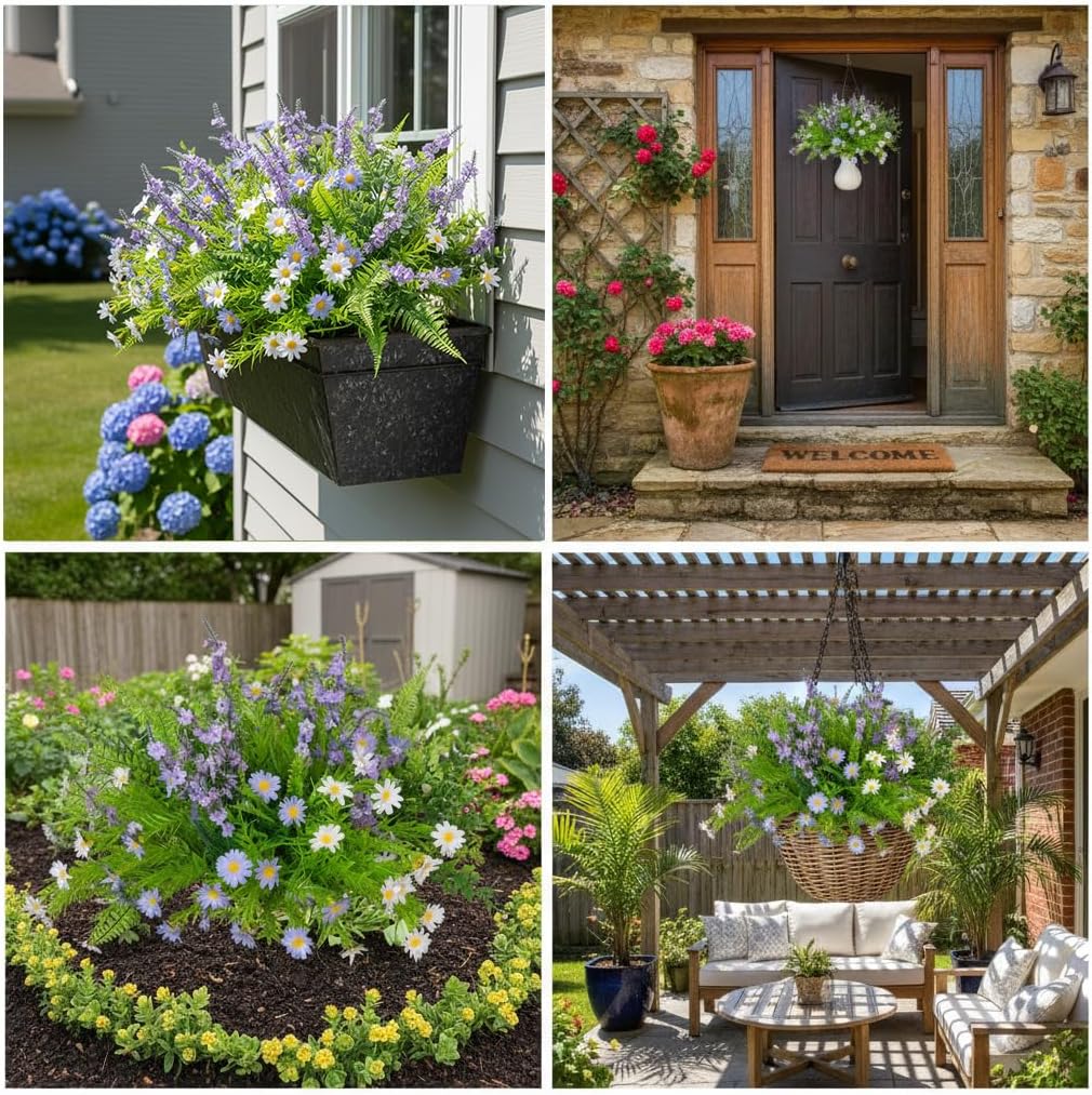 18 Bundles Artificial Flowers for Outdoors, UV Resistant Fake Purple Lavender and White Daisies, Plastic Faux Plants for Outside Window Box Hanging Planter Garden Porch Decor