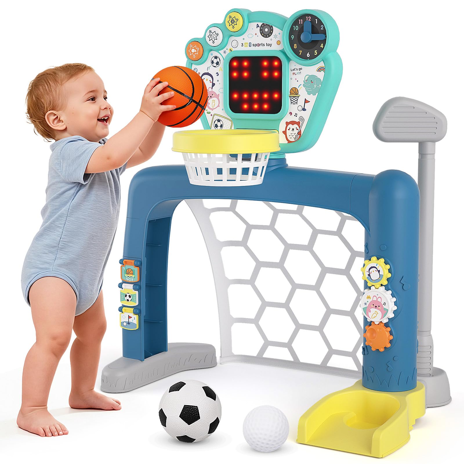 Toddler Sports Toys, 3-in-1 Toddler Basketball Hoop Soccer Golf Activity Center, Basketball Hoop for Kids 1-3,1 2 3 Year Old Boys Girls Toy, Montessori Toys for Toddlers & Baby