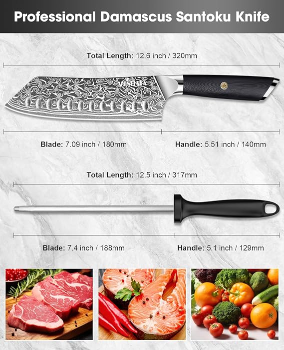 MOSFiATA Damascus 7 Santoku Knife, Damascus Stainless Steel VG10 Core, Chef's Knives Chopping Cooking Knife Set with G10 Handle Sharpener Gift Box