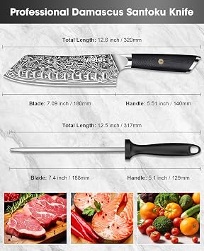 MOSFiATA Damascus 7 Santoku Knife, Damascus Stainless Steel VG10 Core, Chef's Knives Chopping Cooking Knife Set with G10 Handle Sharpener Gift Box