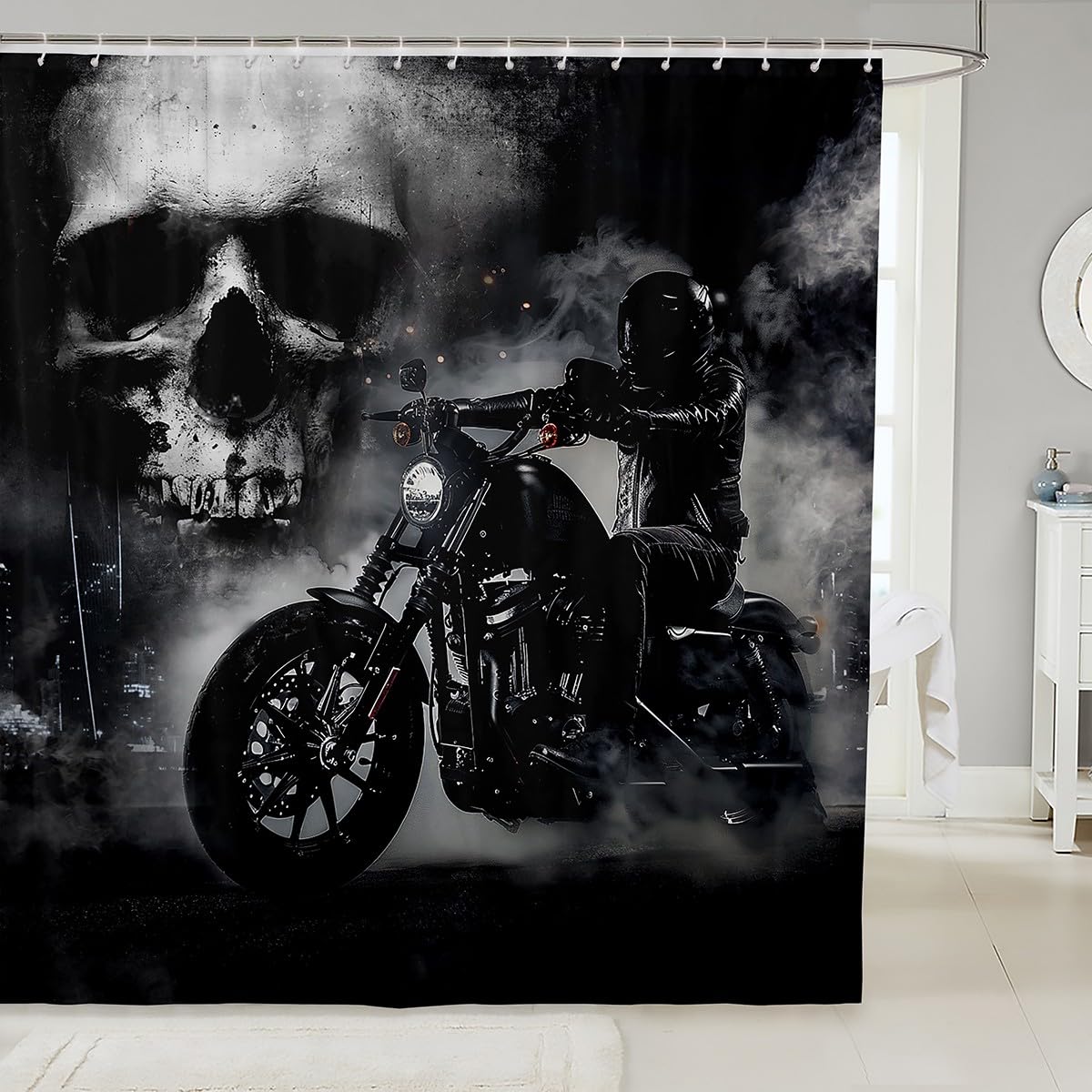 Homewish Black Motorcycle Rider Shower Curtain Gray Skull and Mist Decor Bath Curtain Extreme Sport for Boys Teens Men Microfiber Waterproof Fabric