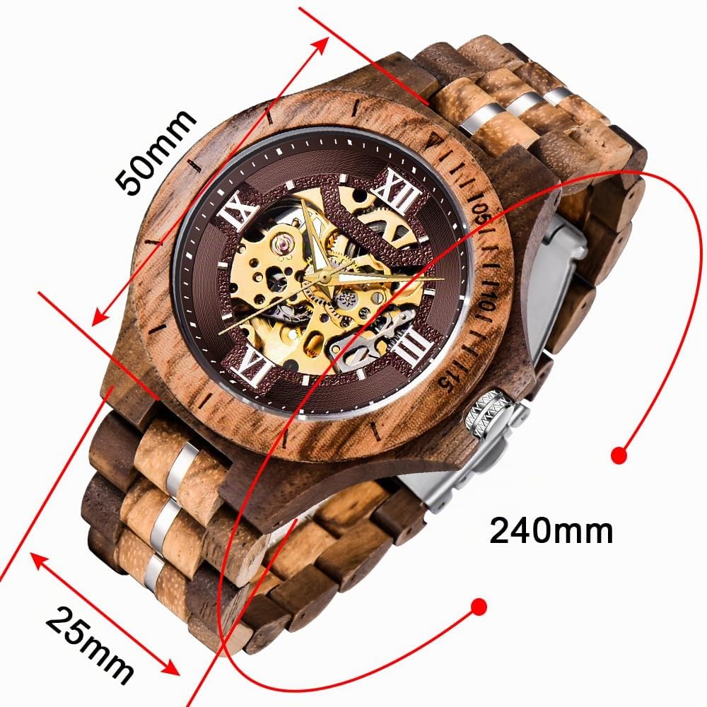 Tiong Herren Holzuhr Mechanische Skelett Automatisches Uhrwerk Holzuhren | Retro Leichte Herrenuhr mit Holz Geschenkbox, Klassische Holzuhr als Geschenk für Männer