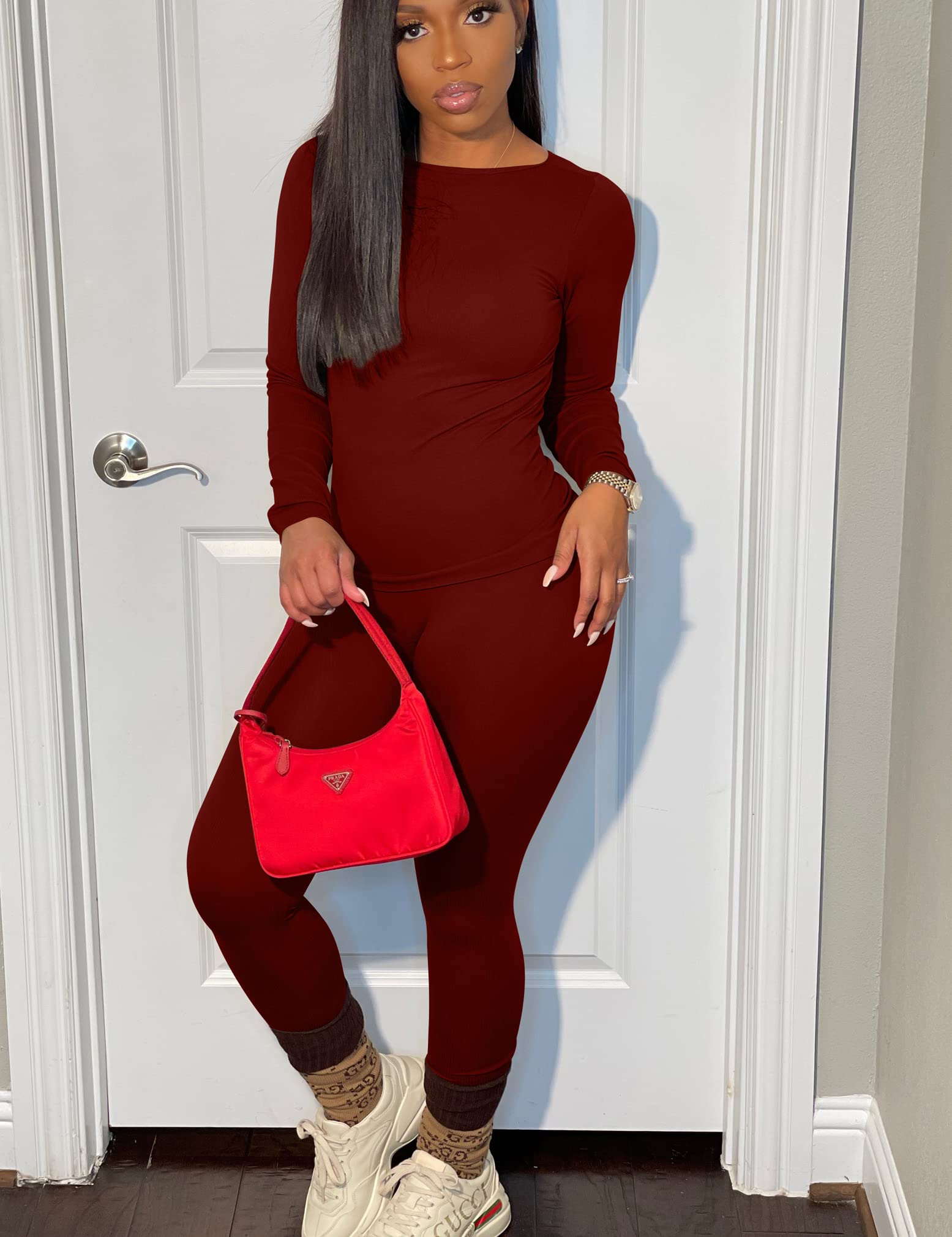 BORIFLORS Damskie 2-częściowe stroje treningowe z długim rękawem top jogger legginsy zestawy, czerwony (wine red), L