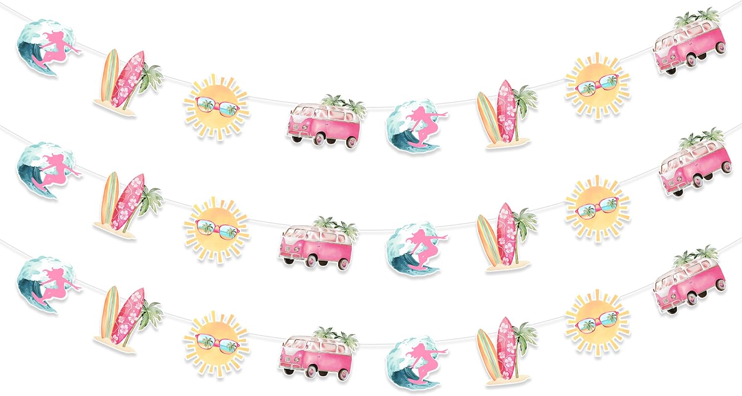 3 Pieces Surf Party Garlands for Girl - Surfing Birthday Party Decorations, Beach Summer Hawaii Surf Baby Shower Birthday Party Supplies