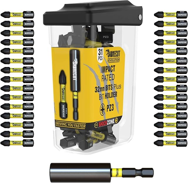31 x SabreCut SCRPZ33231B 32mm PZ3 and 60mm Impact Bit Holder Magnetic Impact Screwdriver Driver Bits Set Single Ended Pozi Pozidrive Compatible with Dewalt Milwaukee Bosch Makita and Others