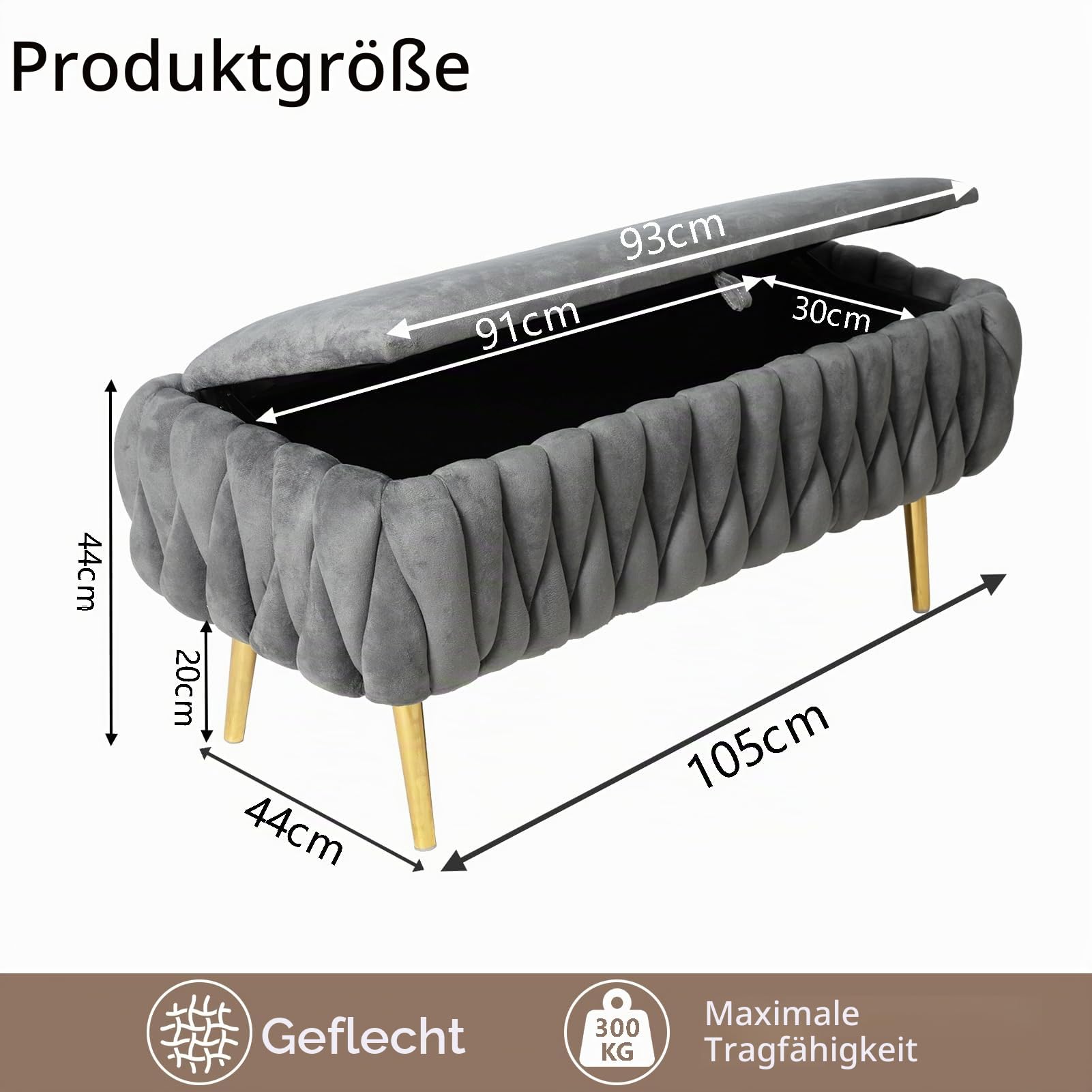 Sitzbank mit Stauraum, Samt, Bettbank Gepolstert, Sitztruhe mit Stauraum, 105 cm Gold Metallbeine, bis 300 Kg Belastbar für Flur Eingangsbereich Wohnzimmer Schlafzimmer (Grey)