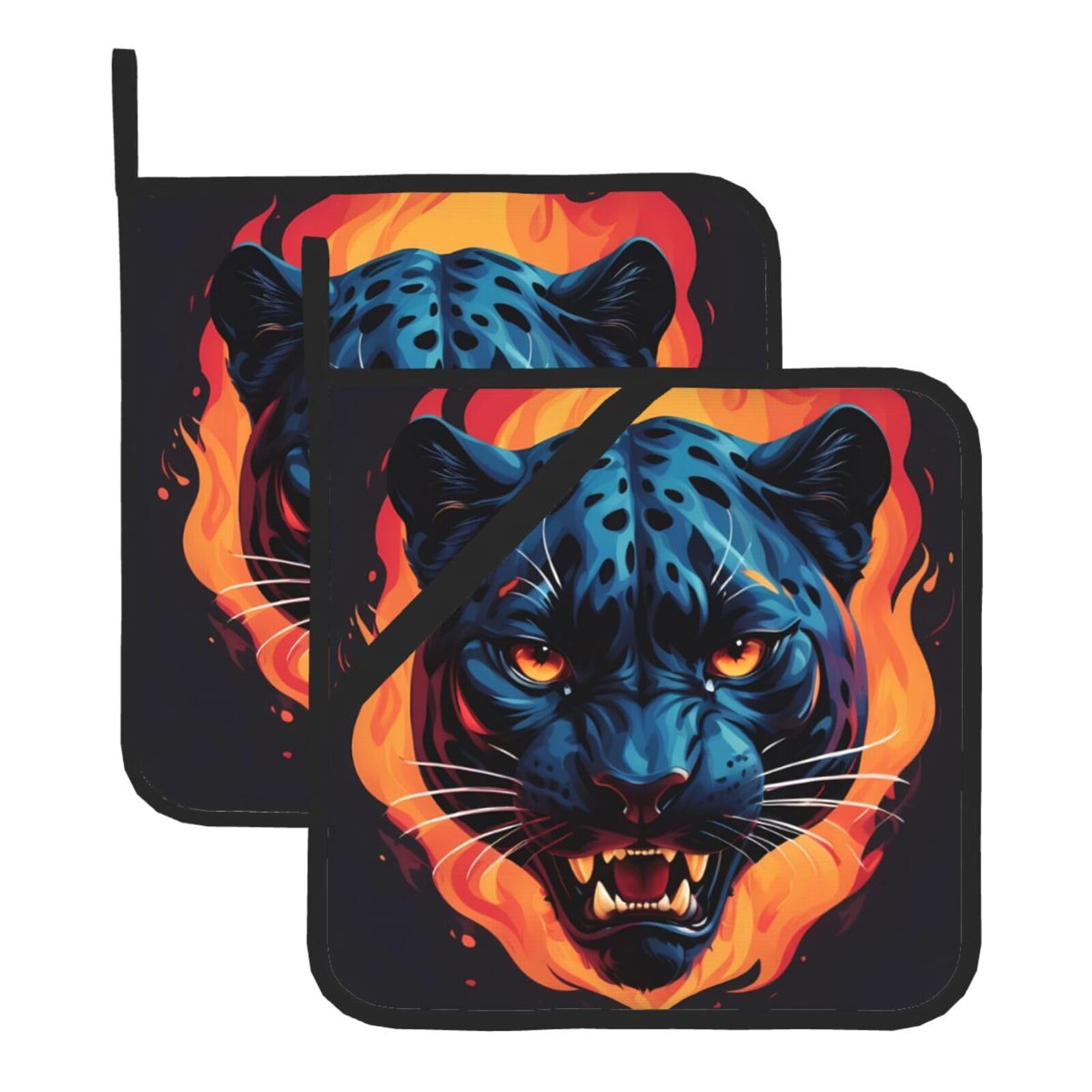 HJFCZH Panther Head in Flames Printed Square Insulated Pot Mat Set (2-Piece) 8x8in Waterproof, Thickened & Easy to Clean with Lanyard Design for Kitchen, Oven & BBQ