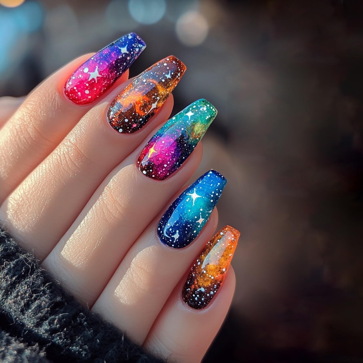 CJDLTS Press on Nails Medium Ballet Shaped Colorful Starry Sky Pattern Design Glitter Nails Stars False Nails Full Cover Artificial Coffin Nails